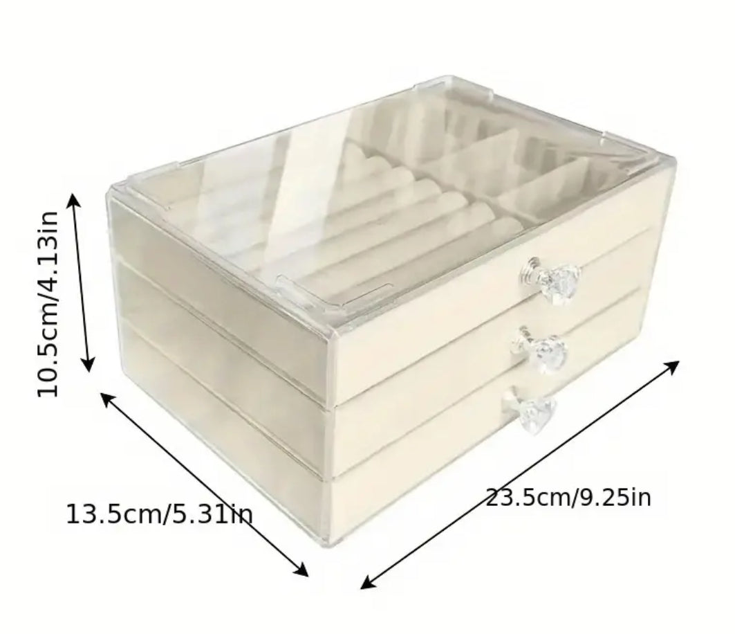 Velvet Acrylic Jewelry Storage Box with 3 Drawers, Stackable and Displayable