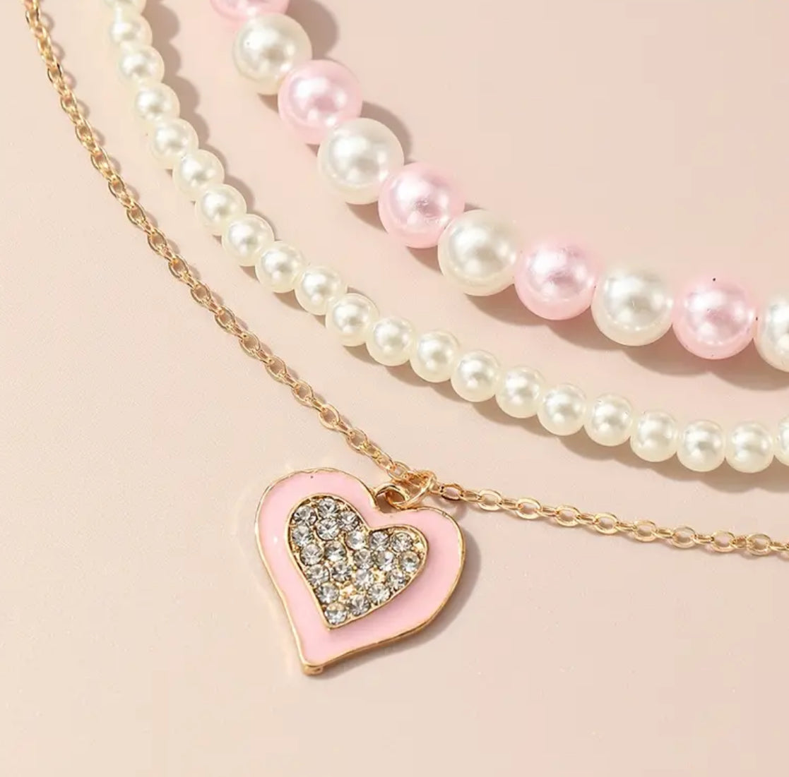 3 copë, Set gjerdanesh artificiale “Pearl Heart”, bizhuteri elegante dhe të ëmbla