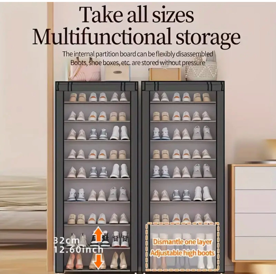 1pc 10 Layer Shoe Cabinet with Dust Cover, Space Saving + Large Capacity