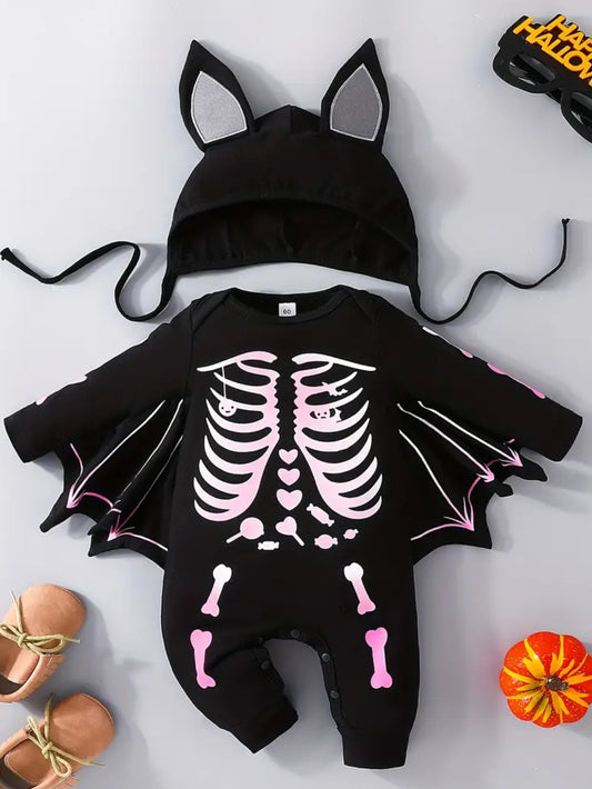 Traje de Halloween: mono de manga larga con estampado de calavera y forma de murciélago + gorro, disfraz para bebé