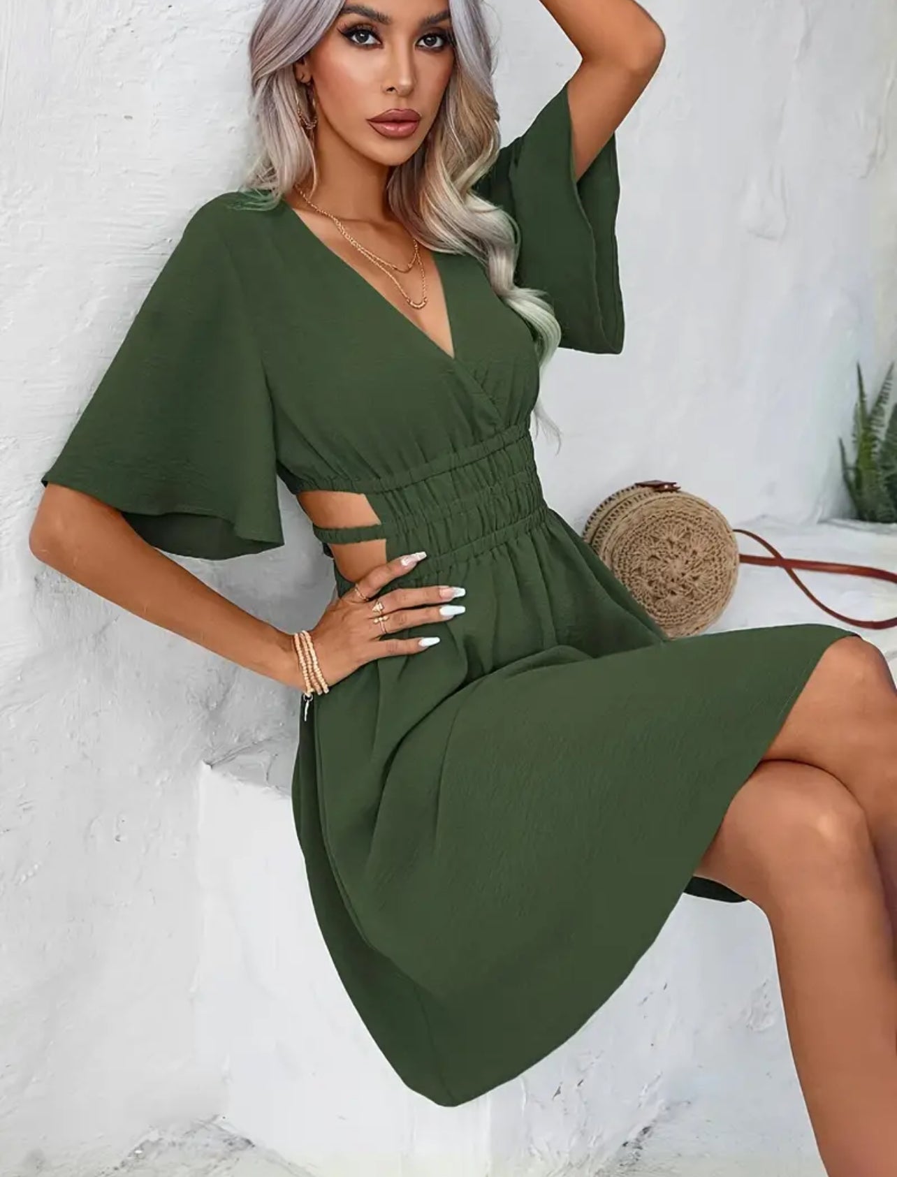 “Jade” Plunging Neck Cut Out, Flare Sleeve Dress