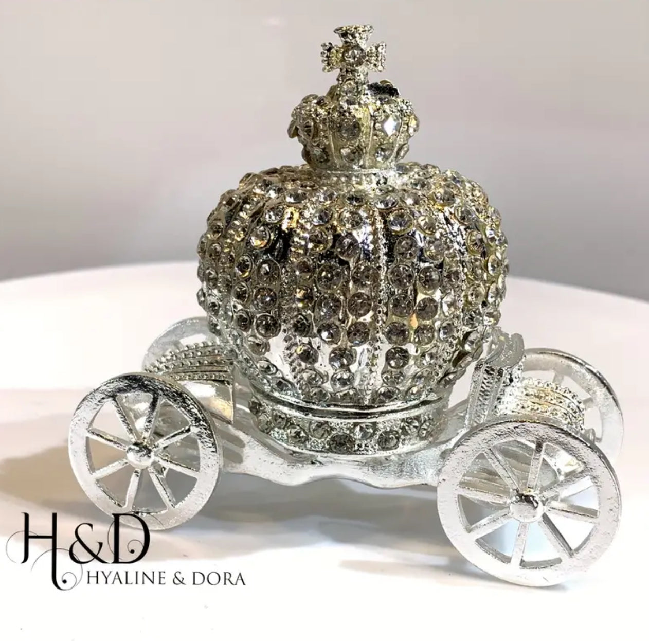 H&D HYALINE & DORA Hand Painted Crown Carriage Trinket Box with Elegant Crystals, Collectible Figurine