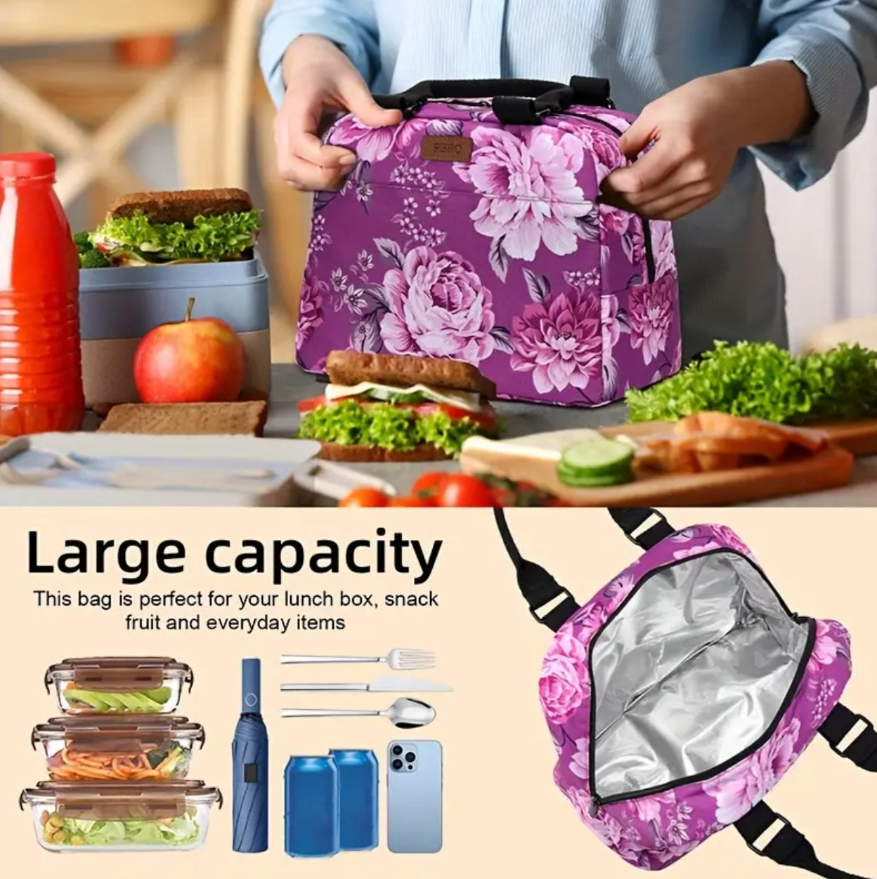 Floral Insulated Lunch Bag, Large Wide with Adjustable Shoulder Belt