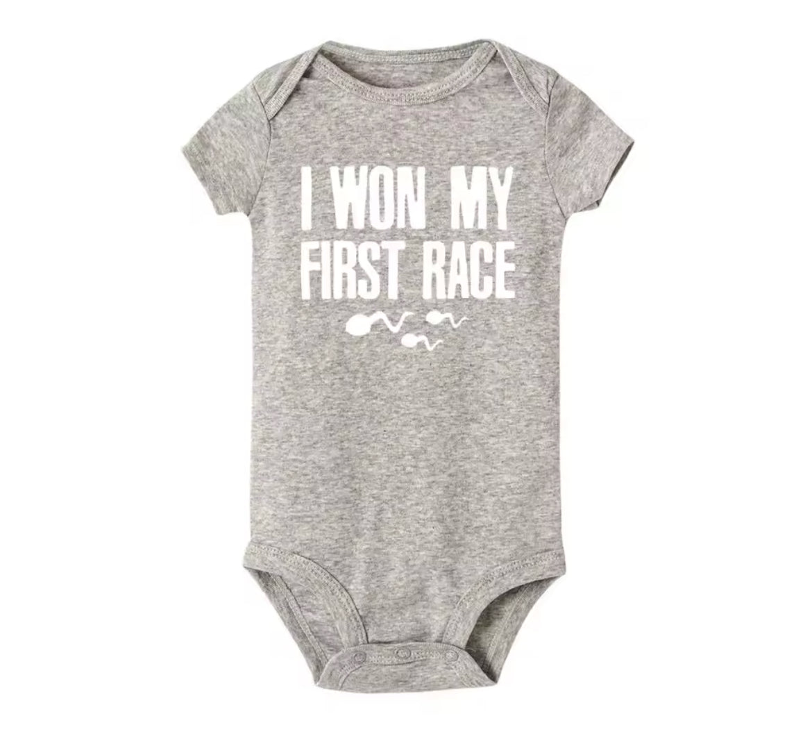 “I Won My First Race” Little Swimmers, Boys + Girls Onesie