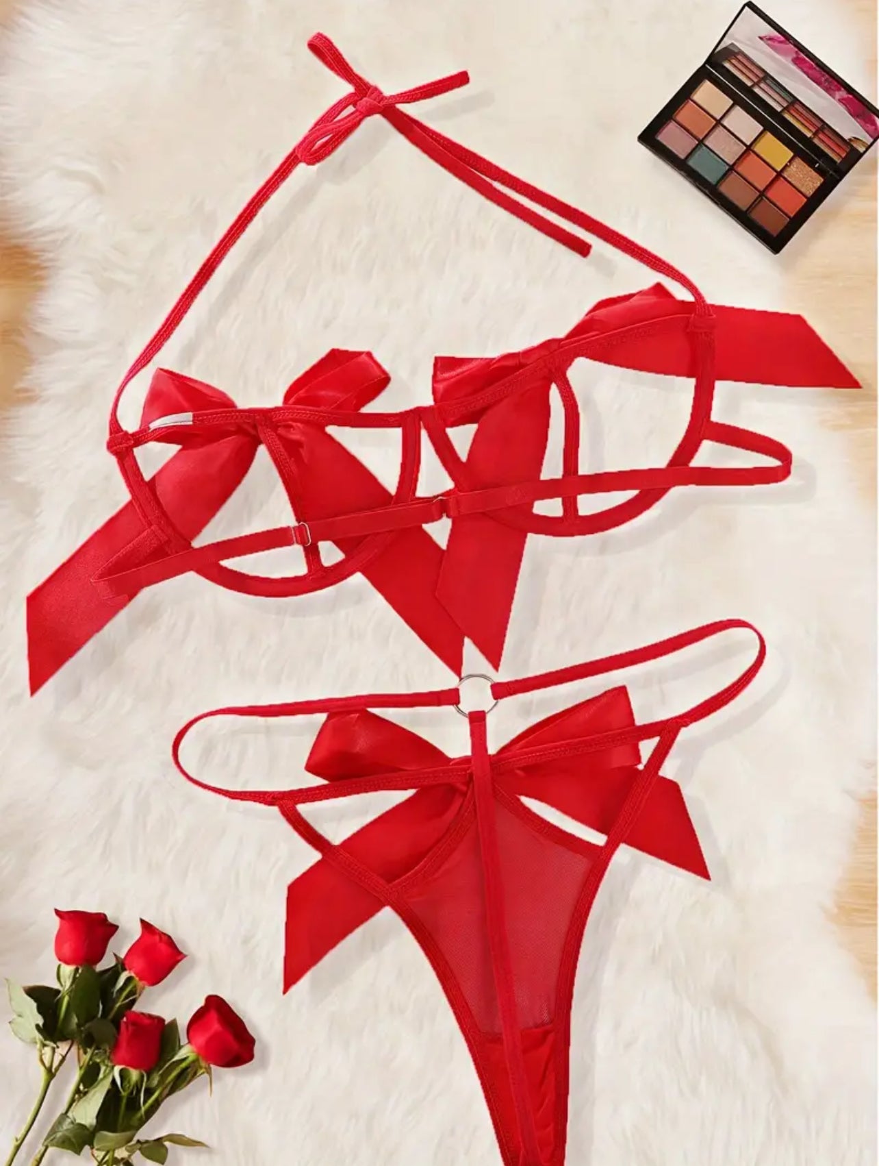 Posh 💋 Mommies Hot Bow Lingerie Set, Cut Out Halter Bra & Ring Linked Thong, Women's Sexy Lingerie