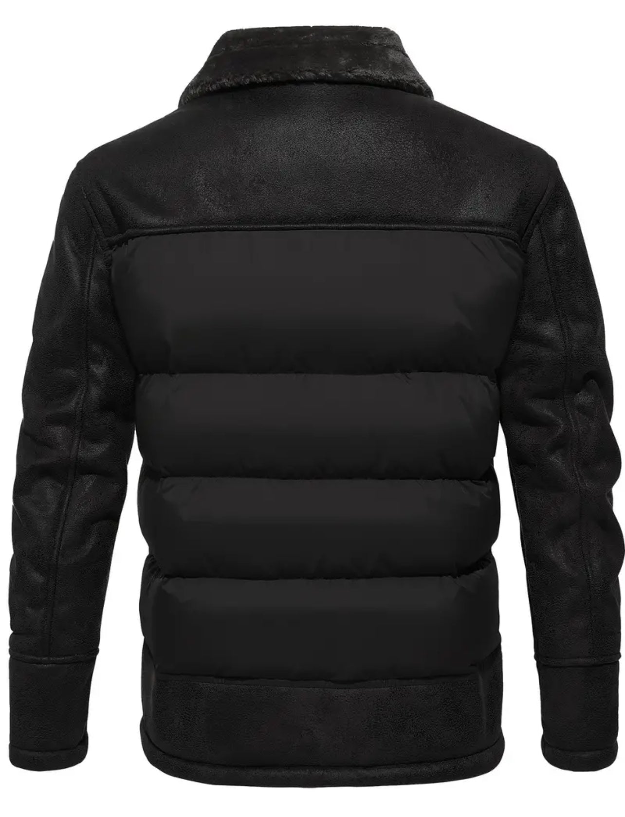 Men's Casual Warm Faux Leather Jacket, Chic Faux Fur Collar Quilted Jacket For Fall Winter