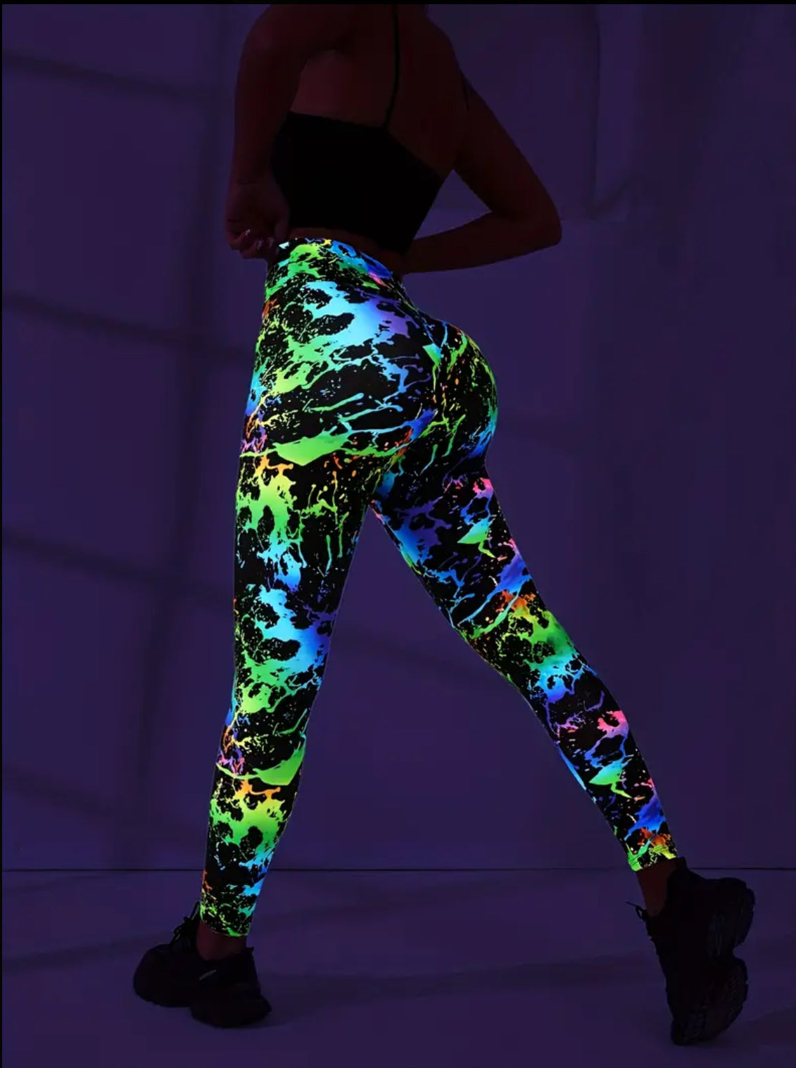 High-Waist Fluorescent Print Leggings, Yoga Butt Lift Pants, Breathable Sportswear