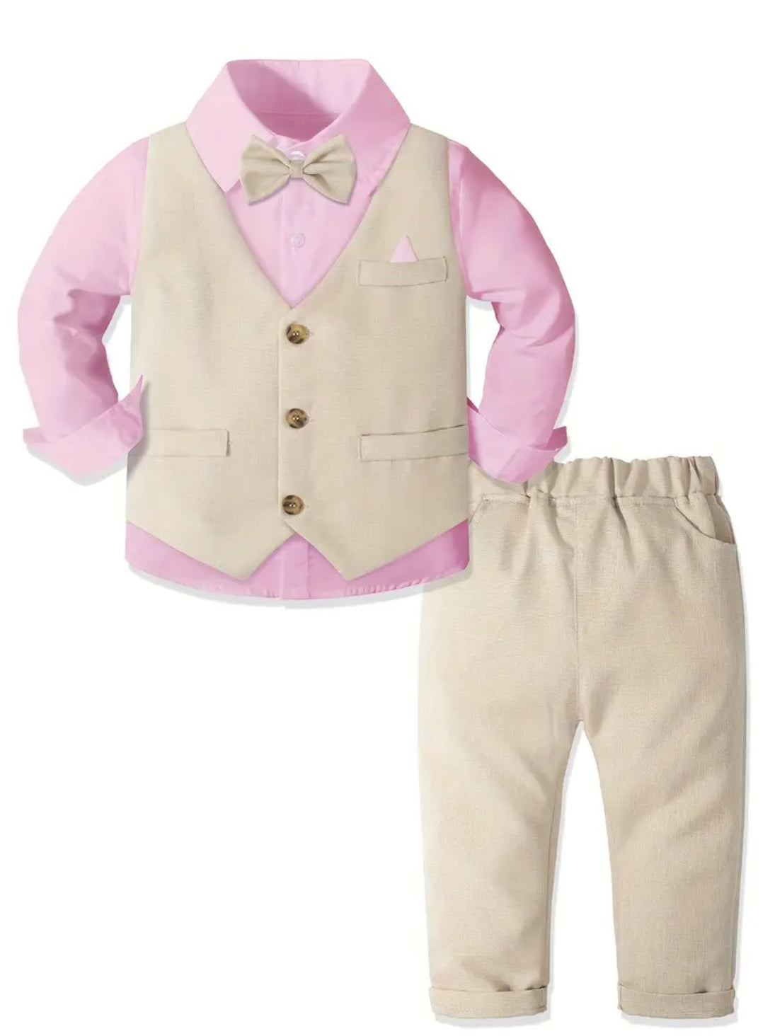 Spring Colors, 4pcs Boy's Gentleman Outfit, Bowtie & Shirt & Vest & Pants Set