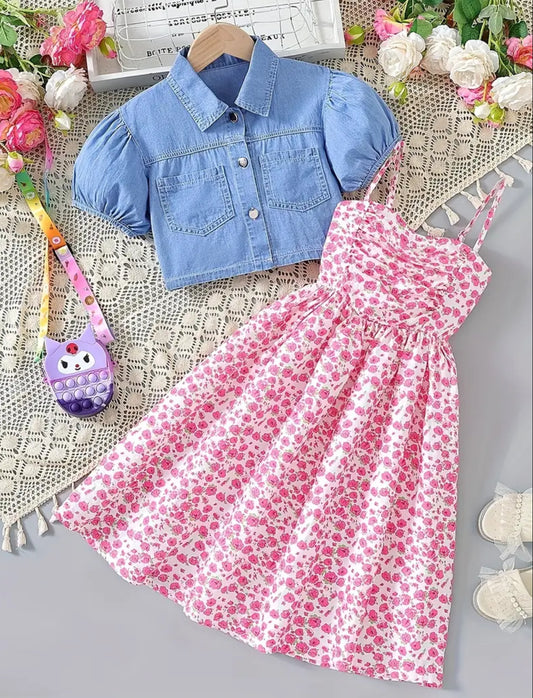 Conjunto de 2 piezas de blusa vaquera con mangas abullonadas y vestido camisola floral para niñas, lindo y fluido