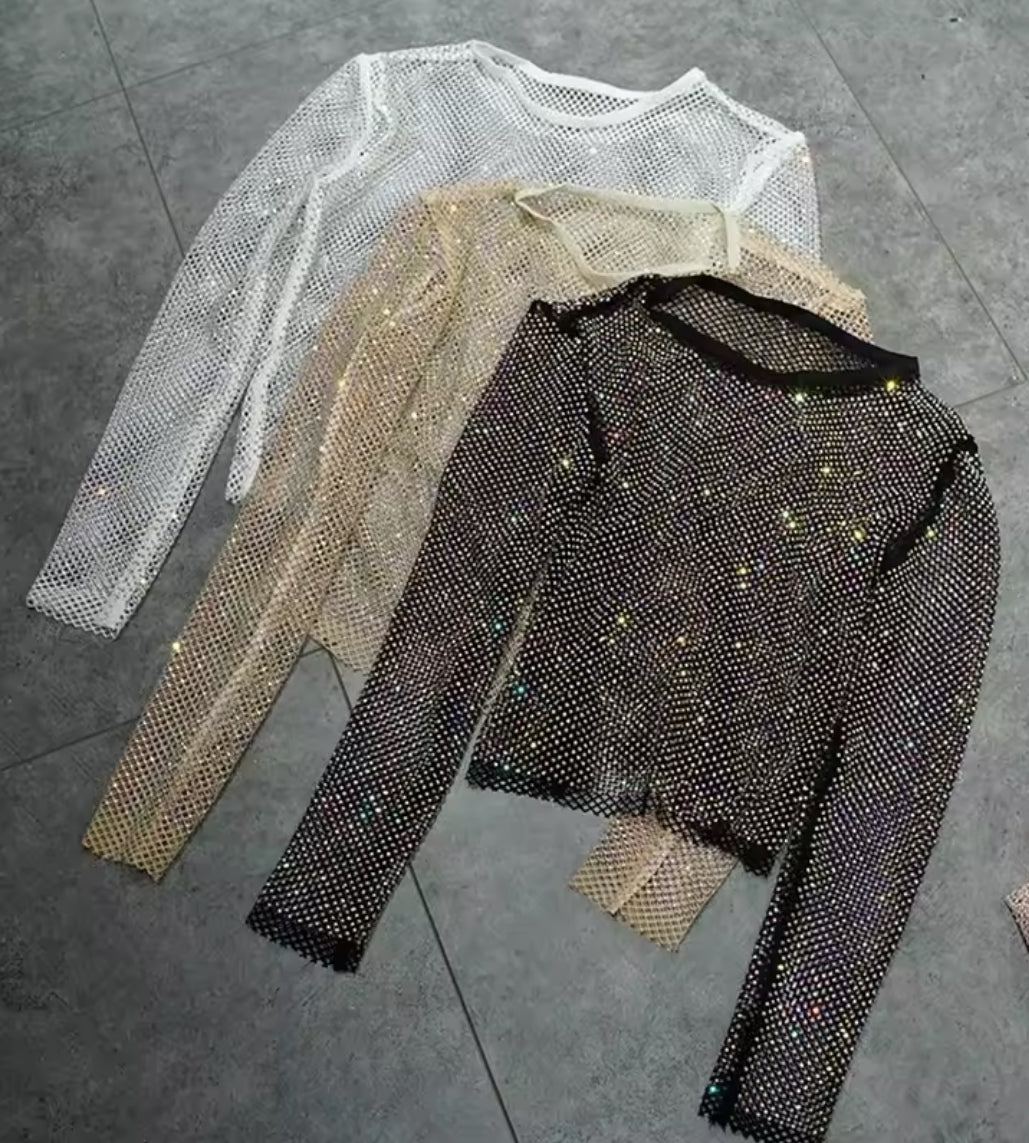 “Starlight” Rhinestone Round Neck Long Sleeve, Hollow Blouse