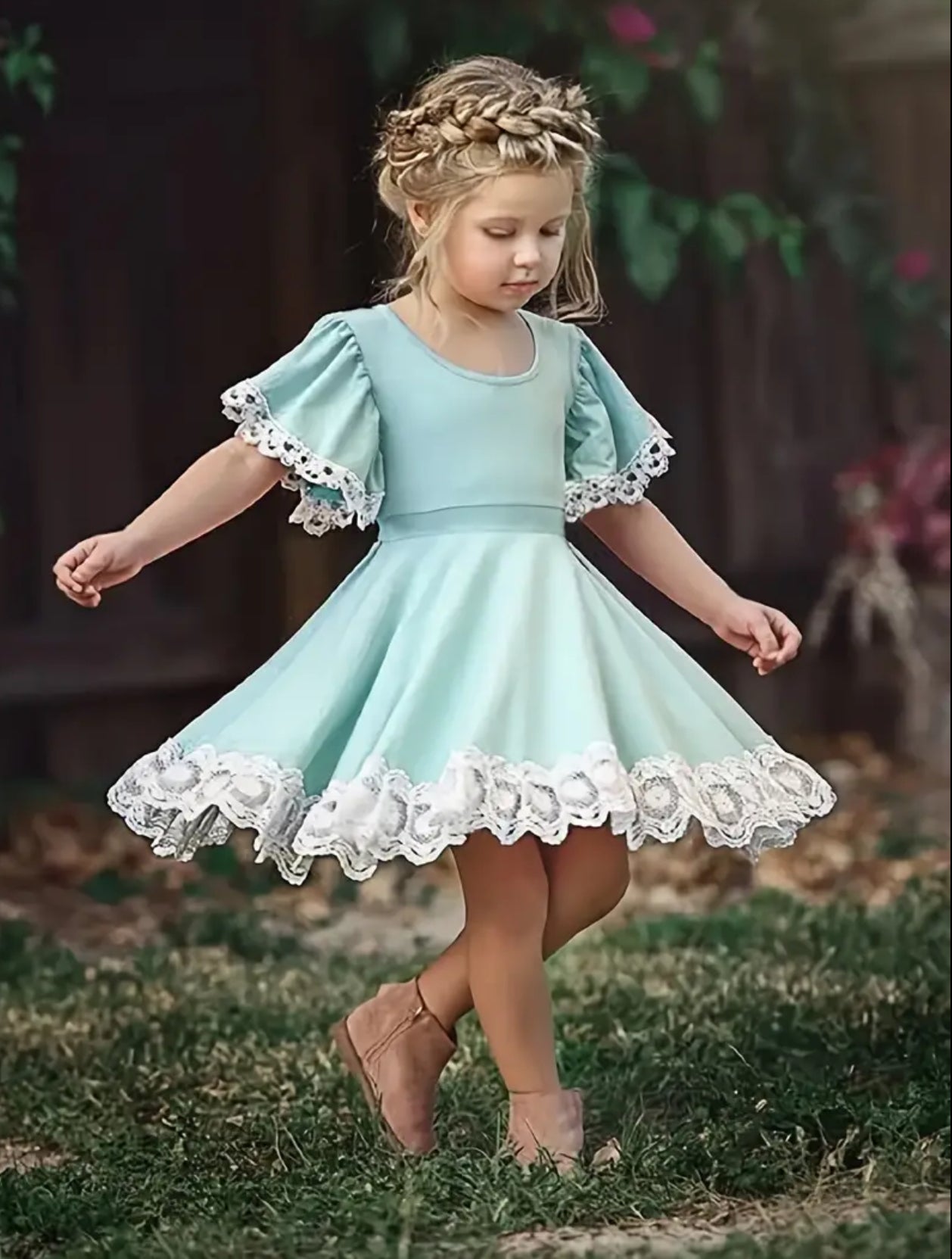 Girls Butterfly Sleeve Contrast Lace Trim Princess Dress