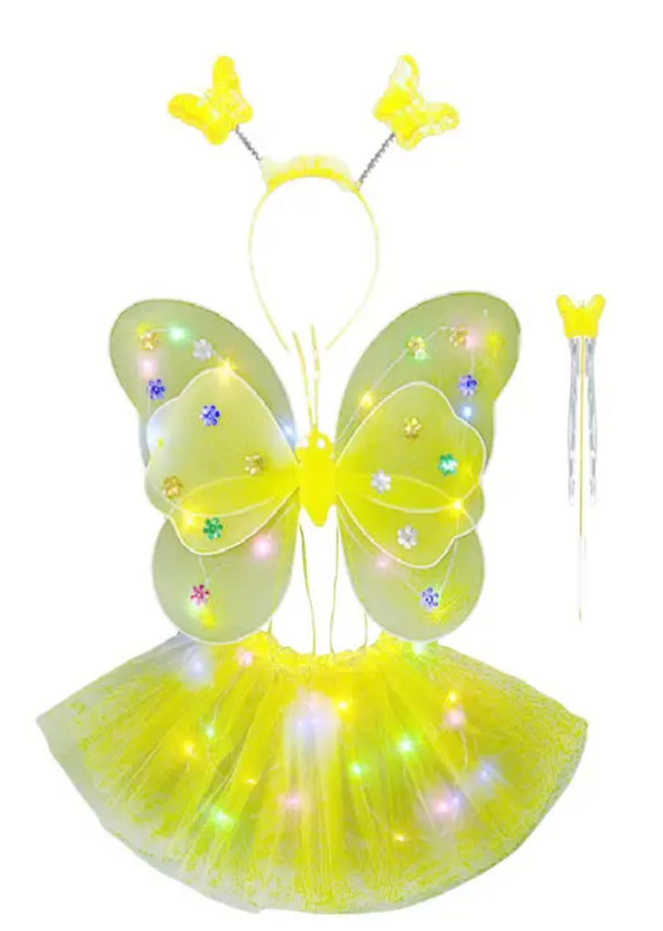 Girl's LED Fairy Costume Set, Butterfly Wings + Tutu Skirt Headband, Wand, 3Y-14Y