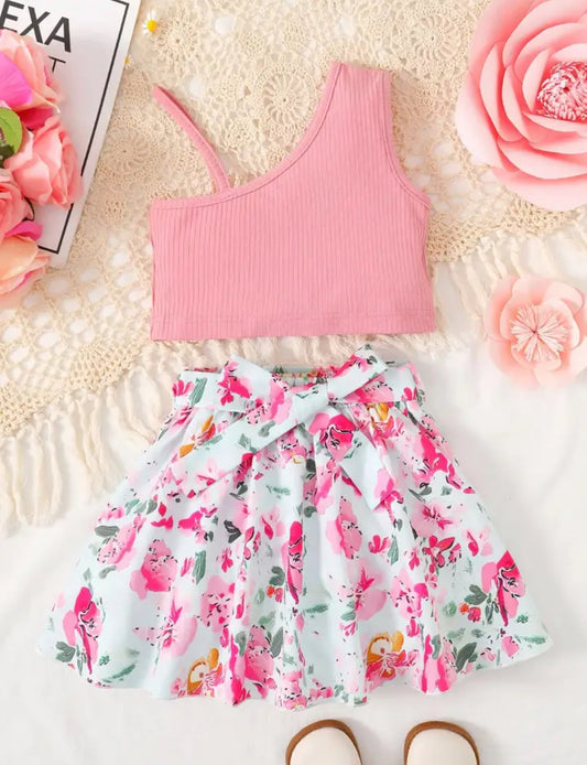 “Peonías” 🌺 Top asimétrico de dos piezas para niñas combinado con falda floral atada