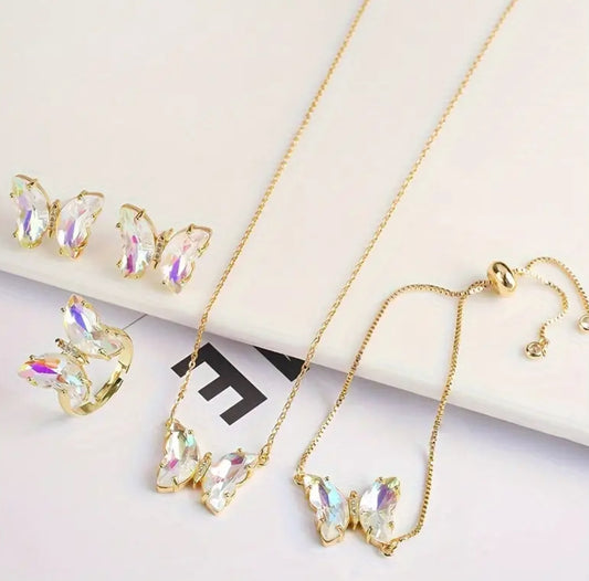 5pcs “Rhinestone Butterfly” Pendant Earrings + Necklace + Bracelet + Ring