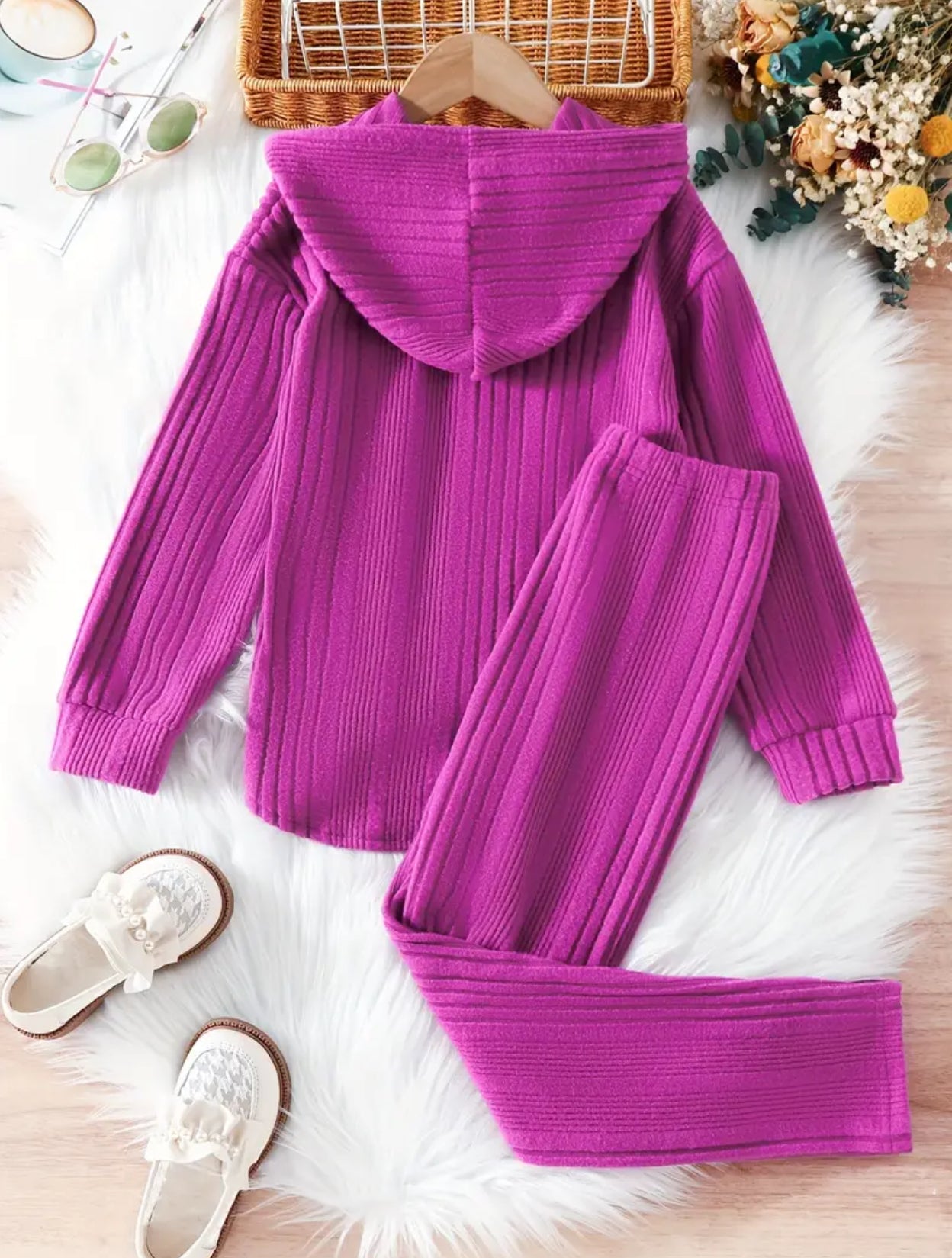 2pcs Girls Casual Ribbed Hoodies + Pants Kids Clothes