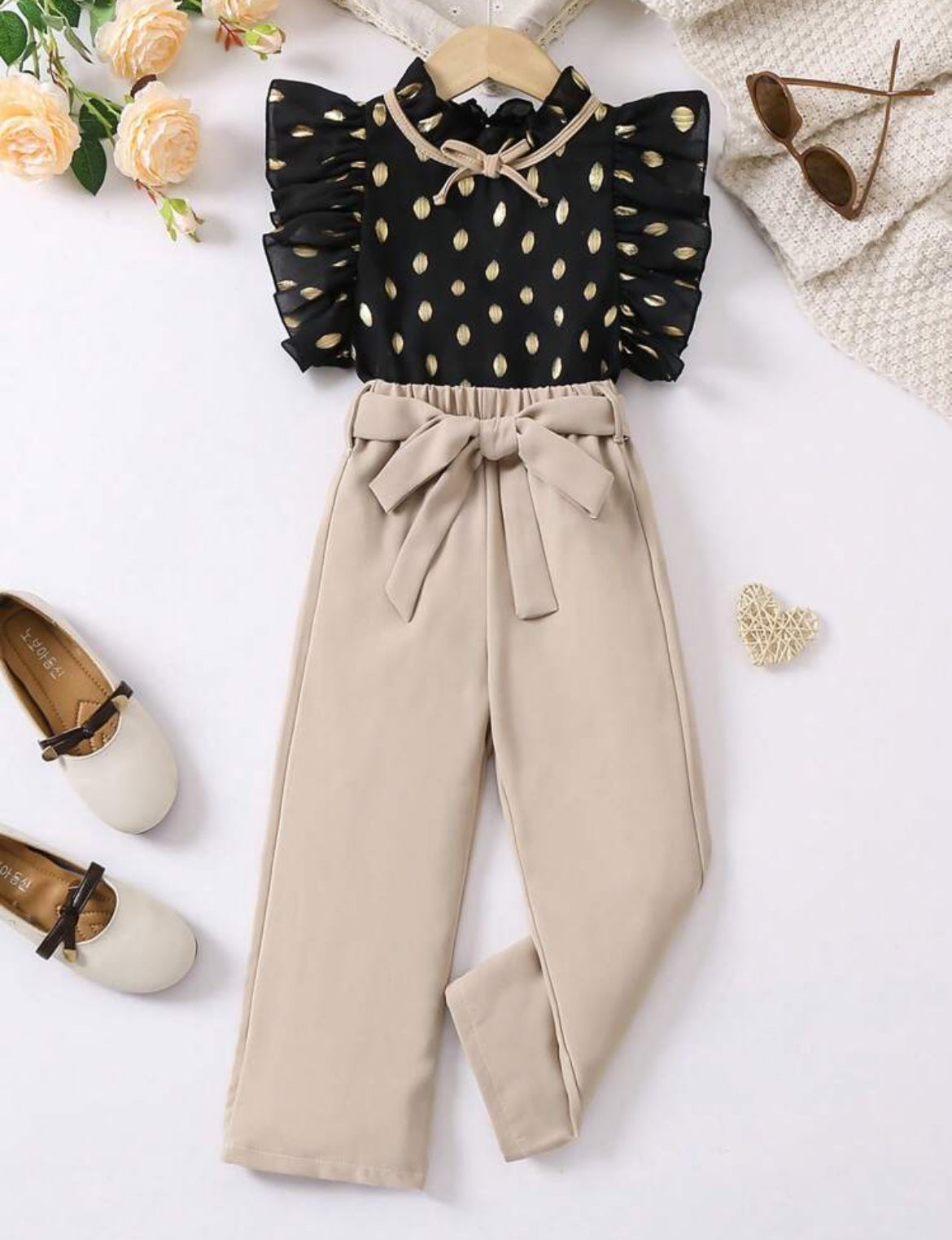 Girls ✨  2pcs/Set “ Fashion Diva” Loose Straight-Leg Pants With Tie  Ribbon Belt + Ruffle Edge Chic Blouse