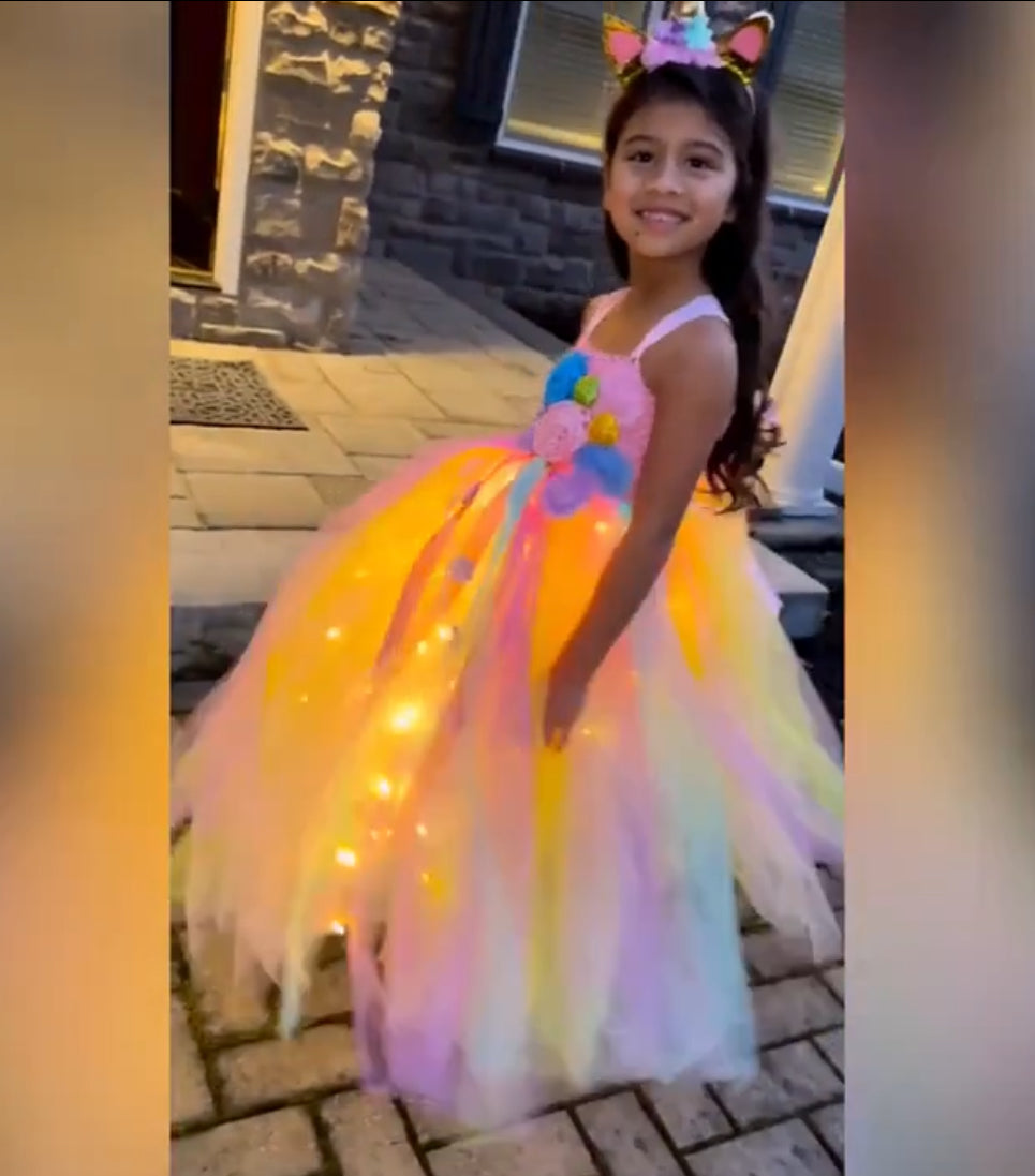 Girls Rainbow Unicorn LED, Fancy Princess Costume TuTu Dress (Batteries Not Included)