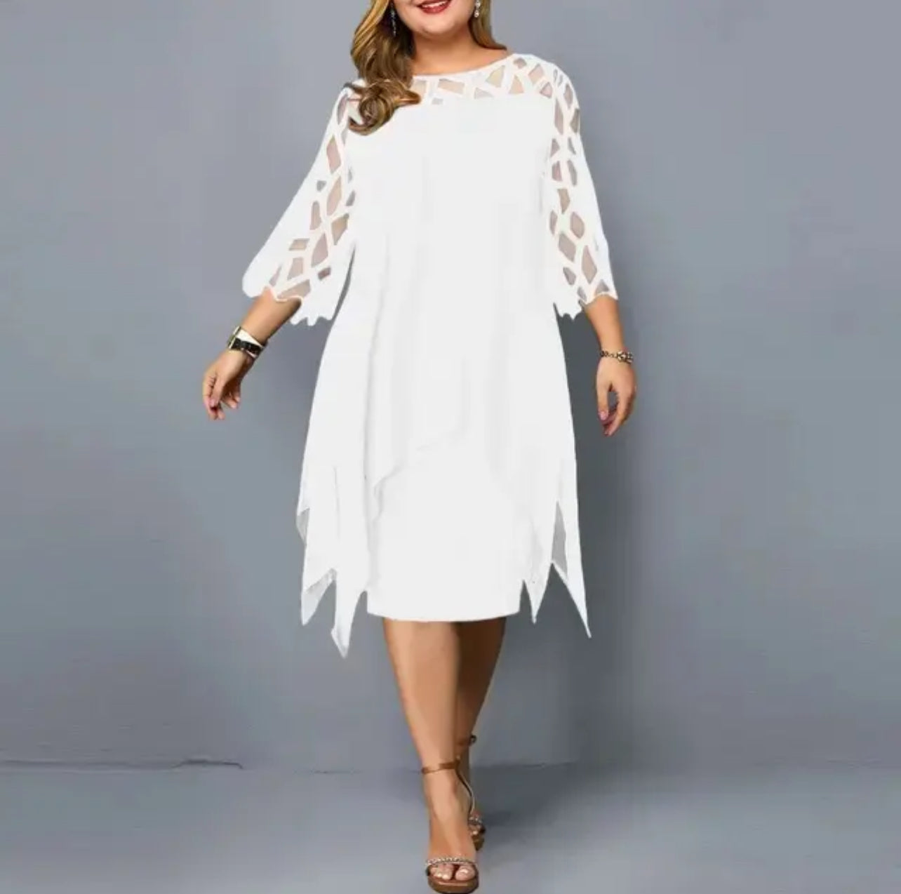 Elegant Mini Dress, O Neck, Lace Sleeve, Up to 6XL