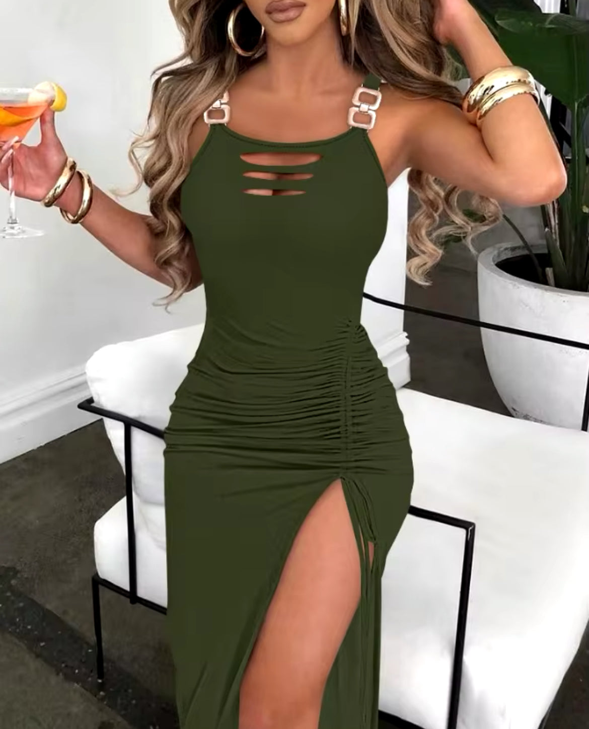 “Vegas” Elegant Bodycon, Ladder Cutout Sleeveless, Slit Buckled Drawstring Pleats Dress