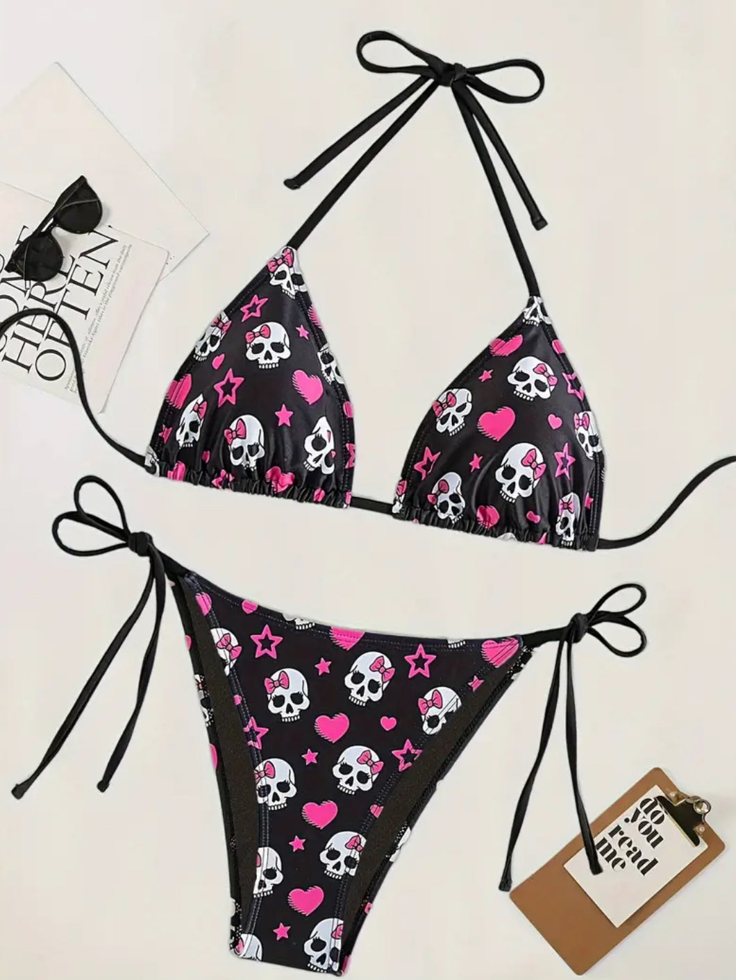 “Skulls ☠️ & 🩷’s” Halter Neck Top With Tie-Side Bottoms Bikini Set