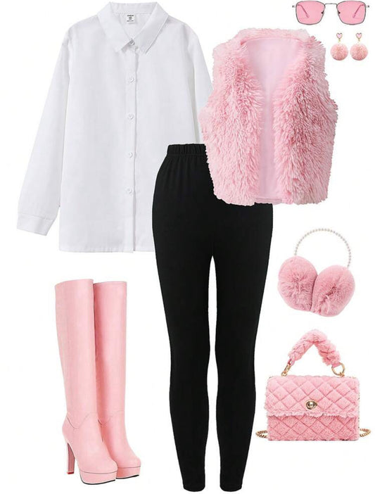 “Tween in Bubble Gum Pink” Girl Solid Color Long Sleeve Shirt + Fluffy Vest + Solid Color Pants Set