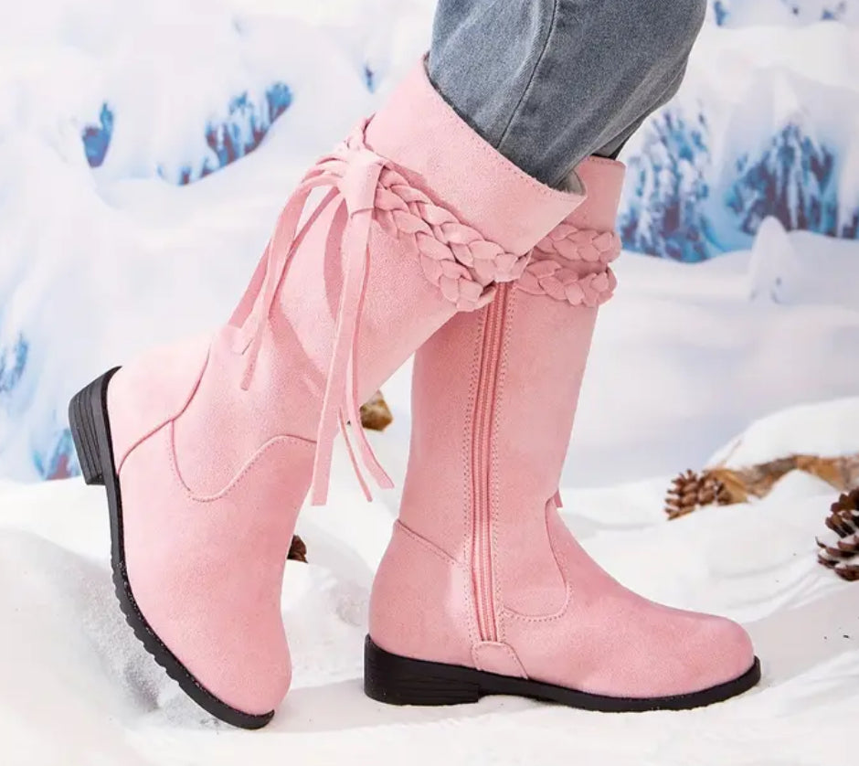 “Indie Princess Boots” Braided Tassels, Warm Fleece-Lined, Zip Closure, Knee-High Winter Riding Boots