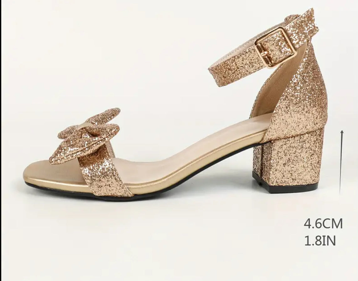 “Golden Bows” Chunky Heel Sandals - Comfortable Square Toe, Adjustable Buckle Strap, Women’s