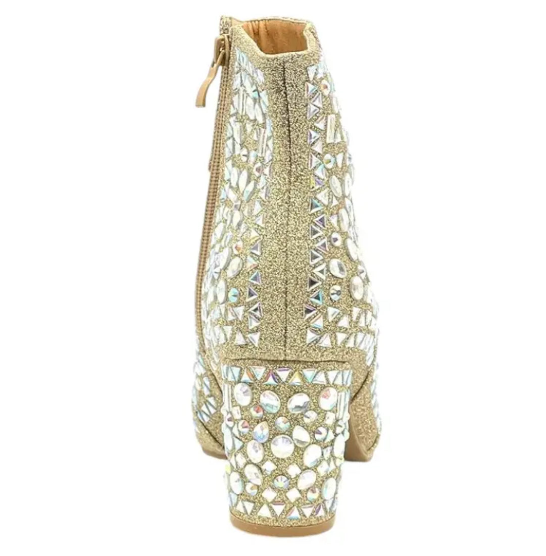 “Viva Las Vegas” Pointed Toe, Women’s Rhinestone Glitter, Ankle Heel Boots