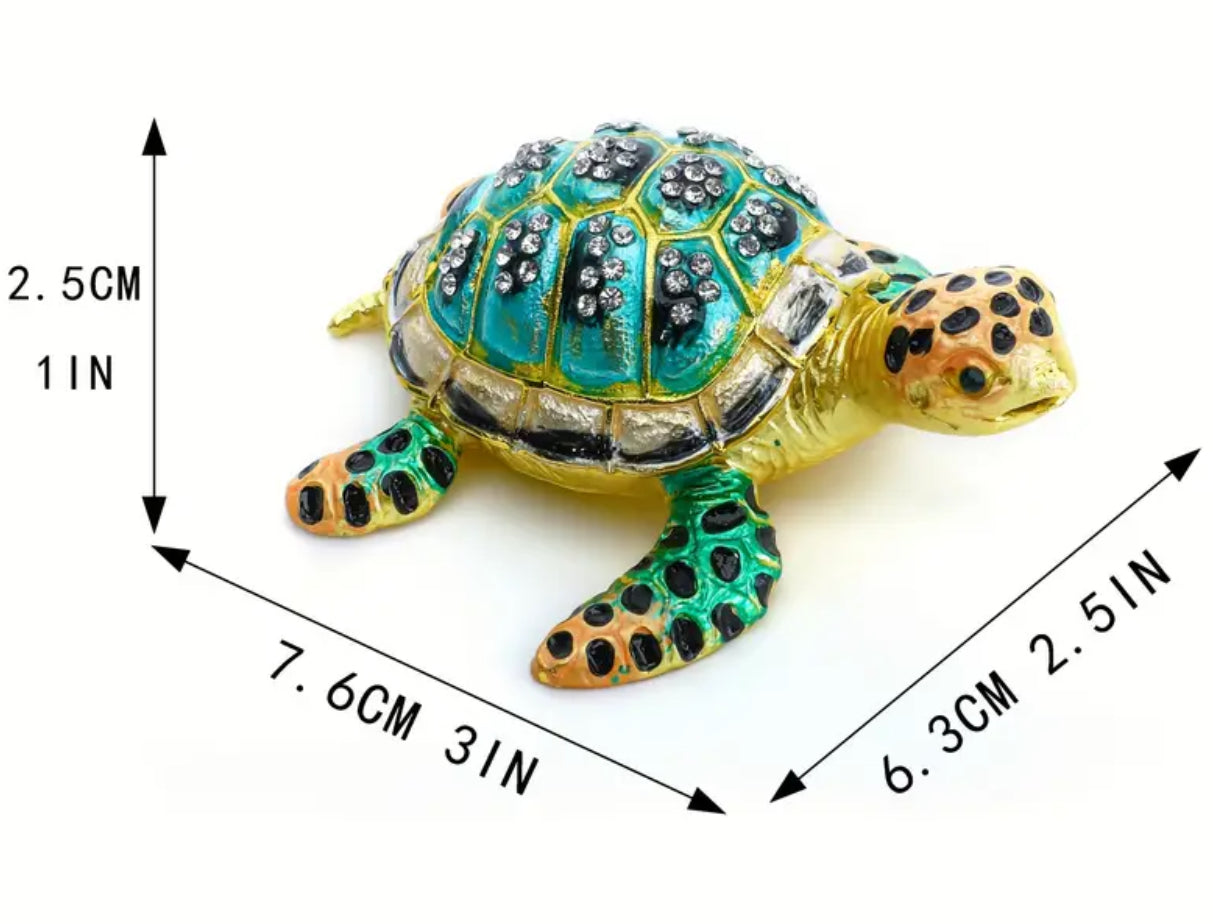 Joyero con bisagras pintado a mano H&amp;D HYALINE &amp; DORA, estuche para joyas con forma de tortuga esmaltada y con joyas de 3"