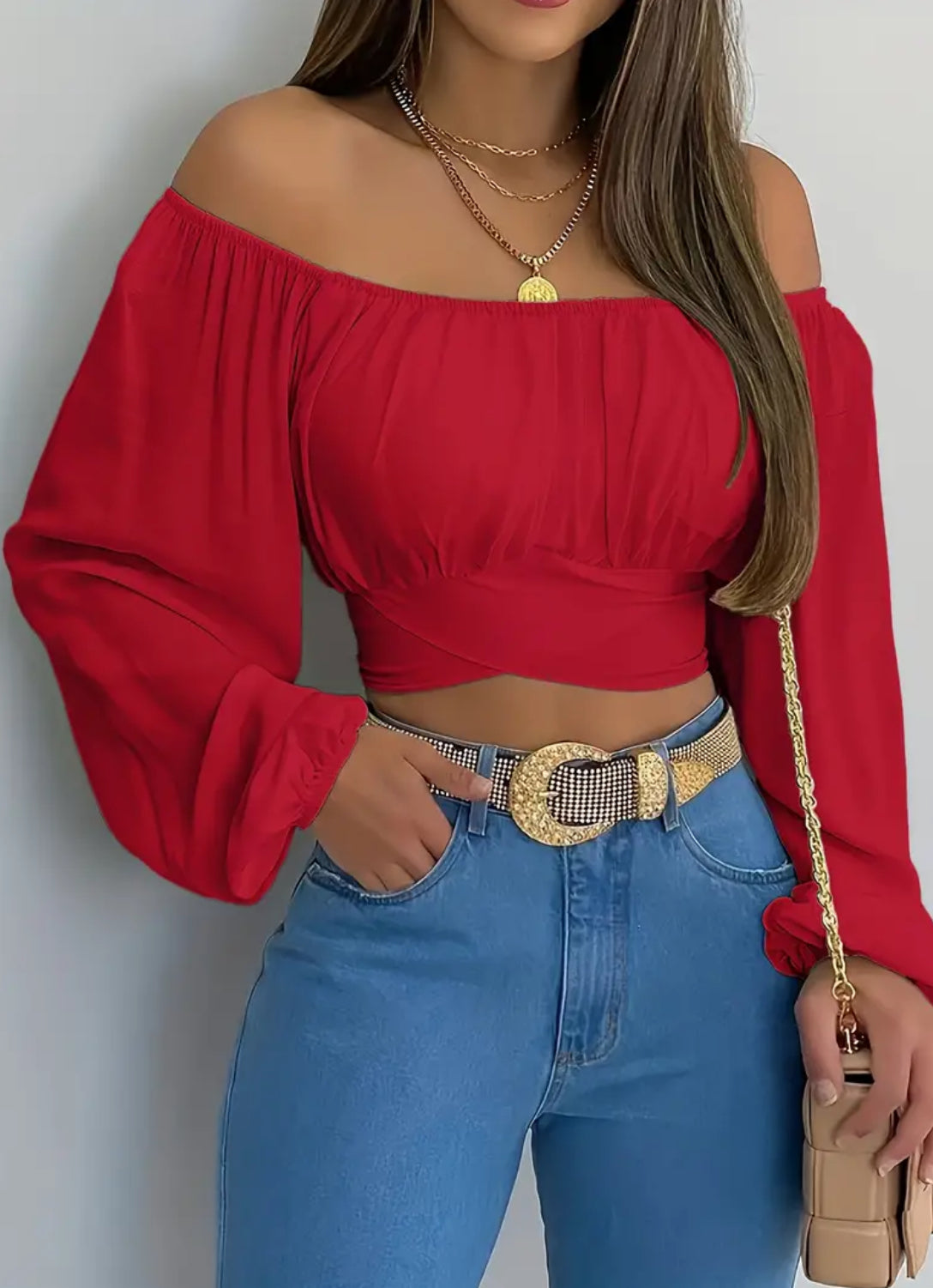 Women's Solid Cross Tie Back Crop Blouse - Casual Off Shoulder Long Sleeve Top