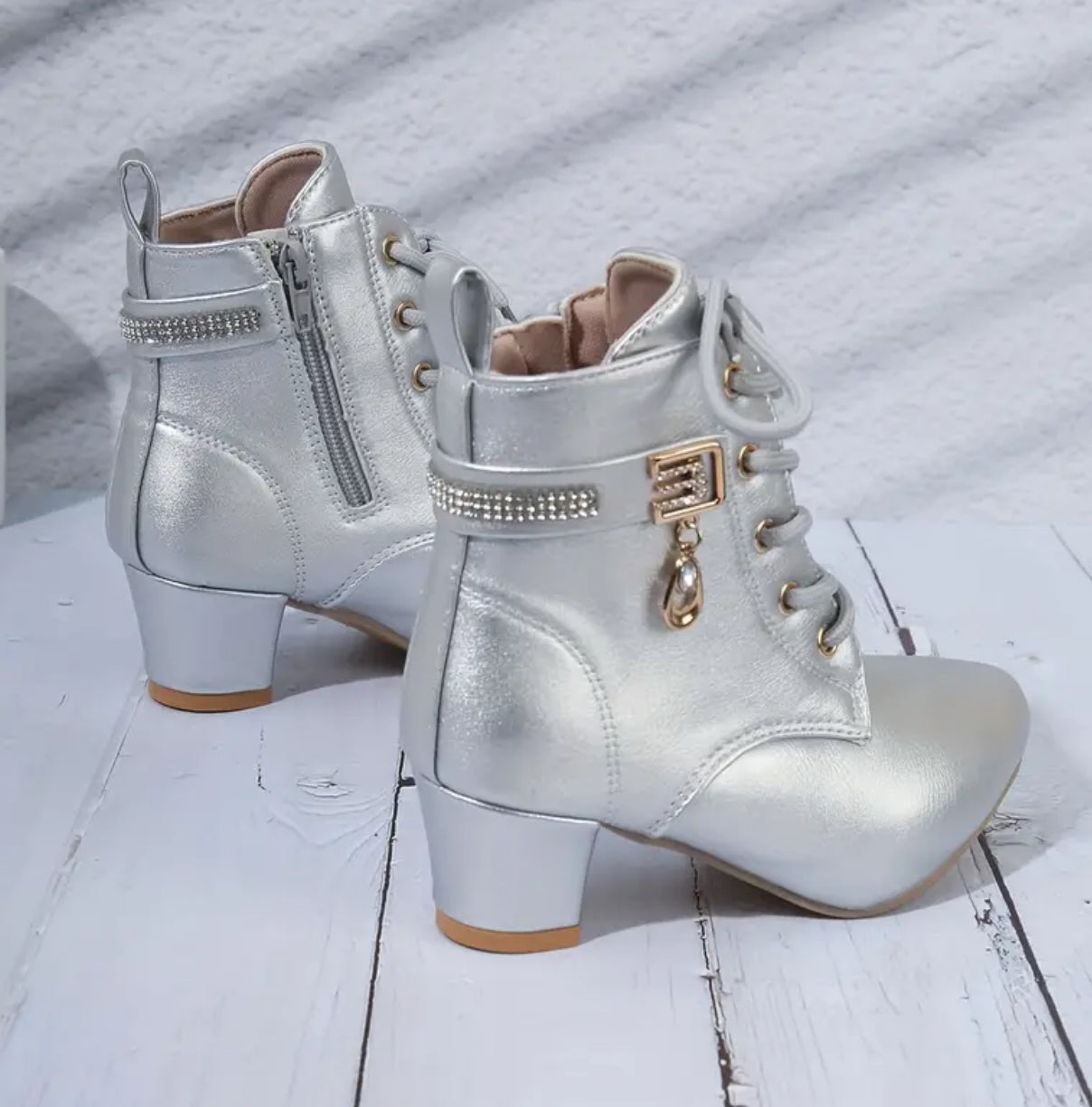 “Silver & Diamonds” Low High-heeled Boots For Teens