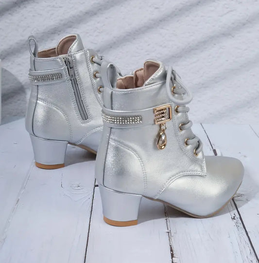 “Silver & Diamonds” Low High-heeled Boots For Teens