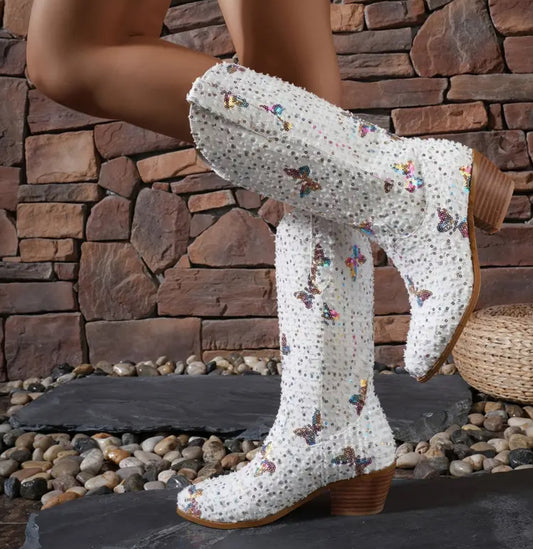 Women's “Sequin & Butterfly” Denim White Cowgirl Boots
