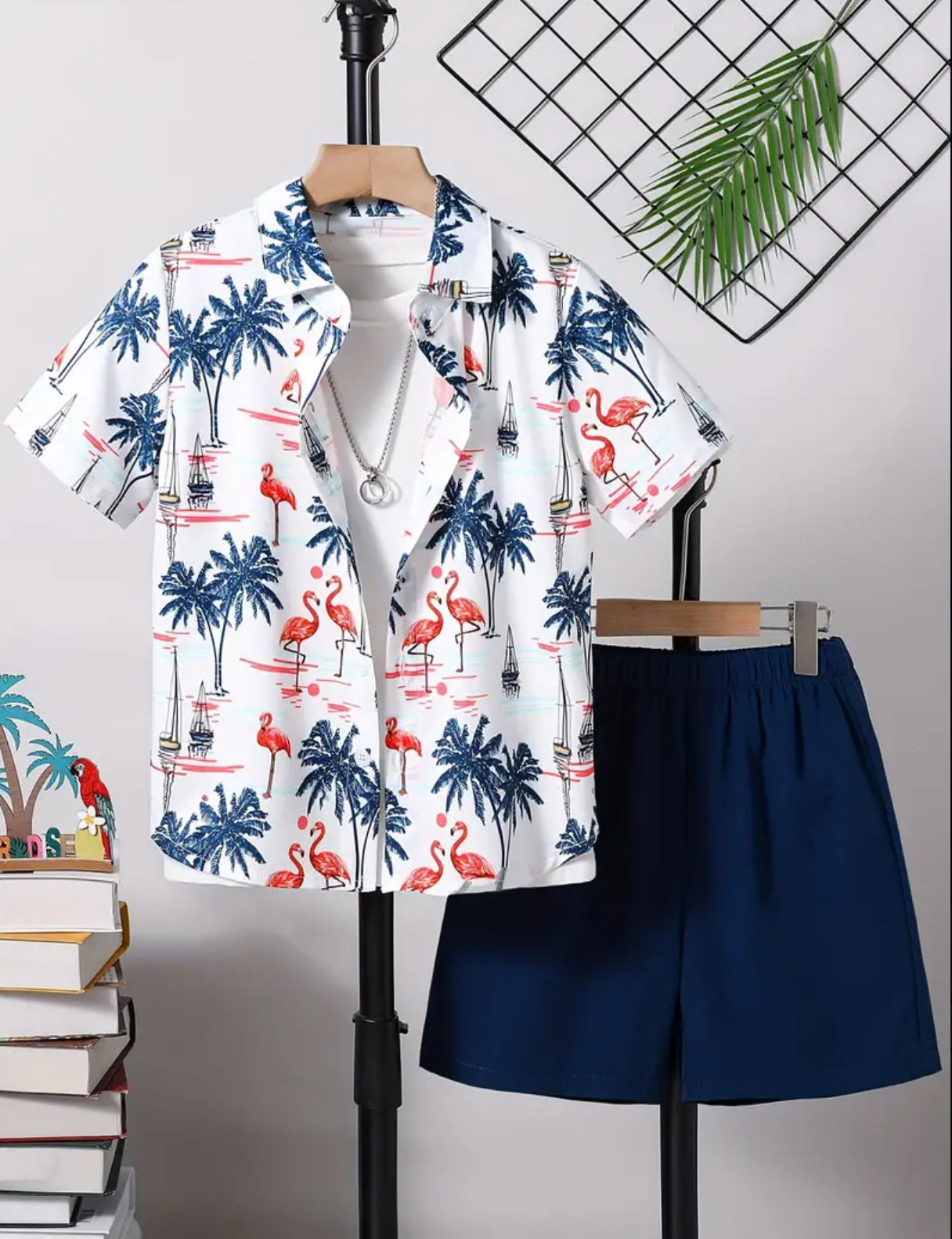 Stylish Flamingo And Coconut Tree, Short Sleeve Lapel Shirt & Shorts Set