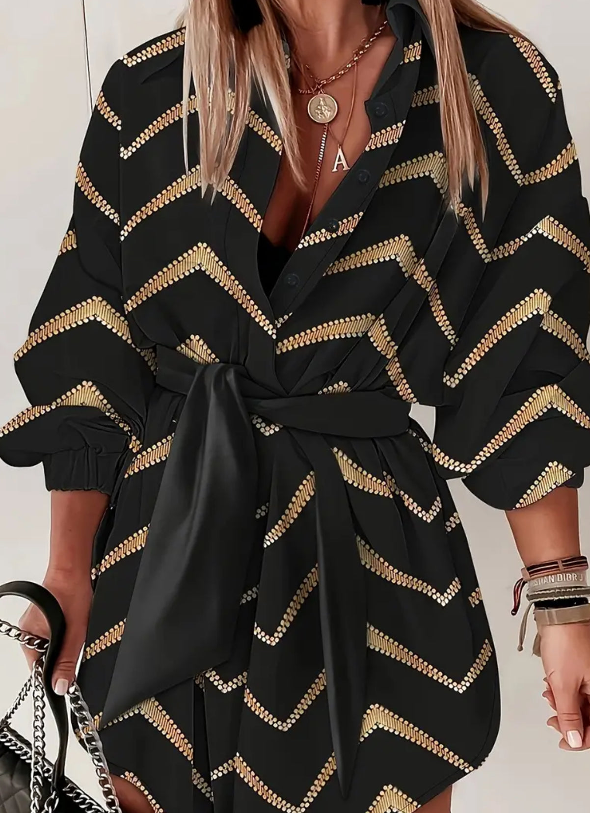 Vibrant Chevron 🤎🖤 Print Mini Casual Half Sleeve Tie Waist Dress