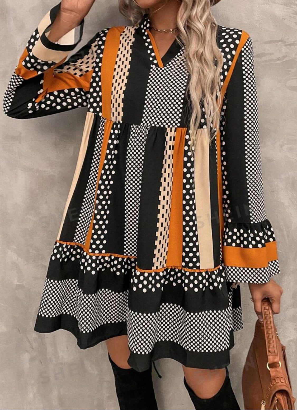 Vestido camisero con estampado de rayas y lunares, dobladillo con volantes en las mangas, talla hasta 3XL