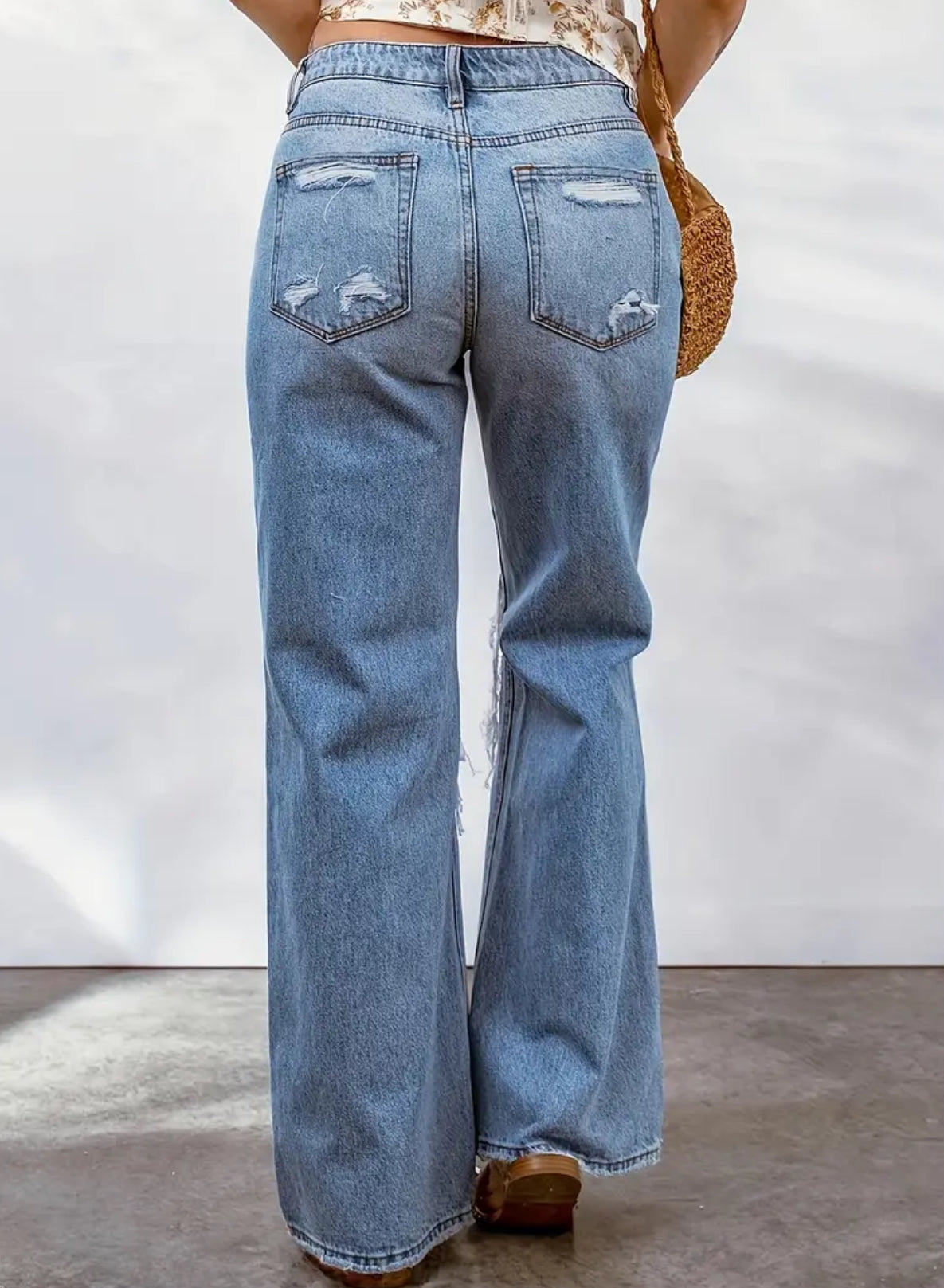 “Jeanie” Ripped Straight Leg Jeans, Casual Non-Stretch, Regular Fit, with Washed Detail