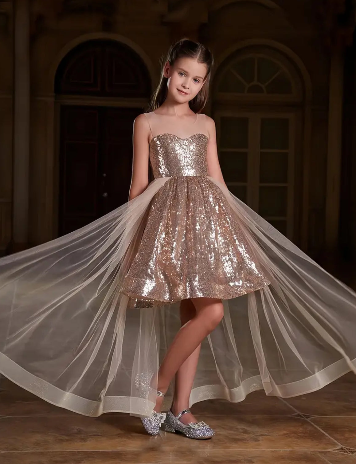 Girls' Sparkling Sequin Dress With Tulle Overlay, Long Formal Gown