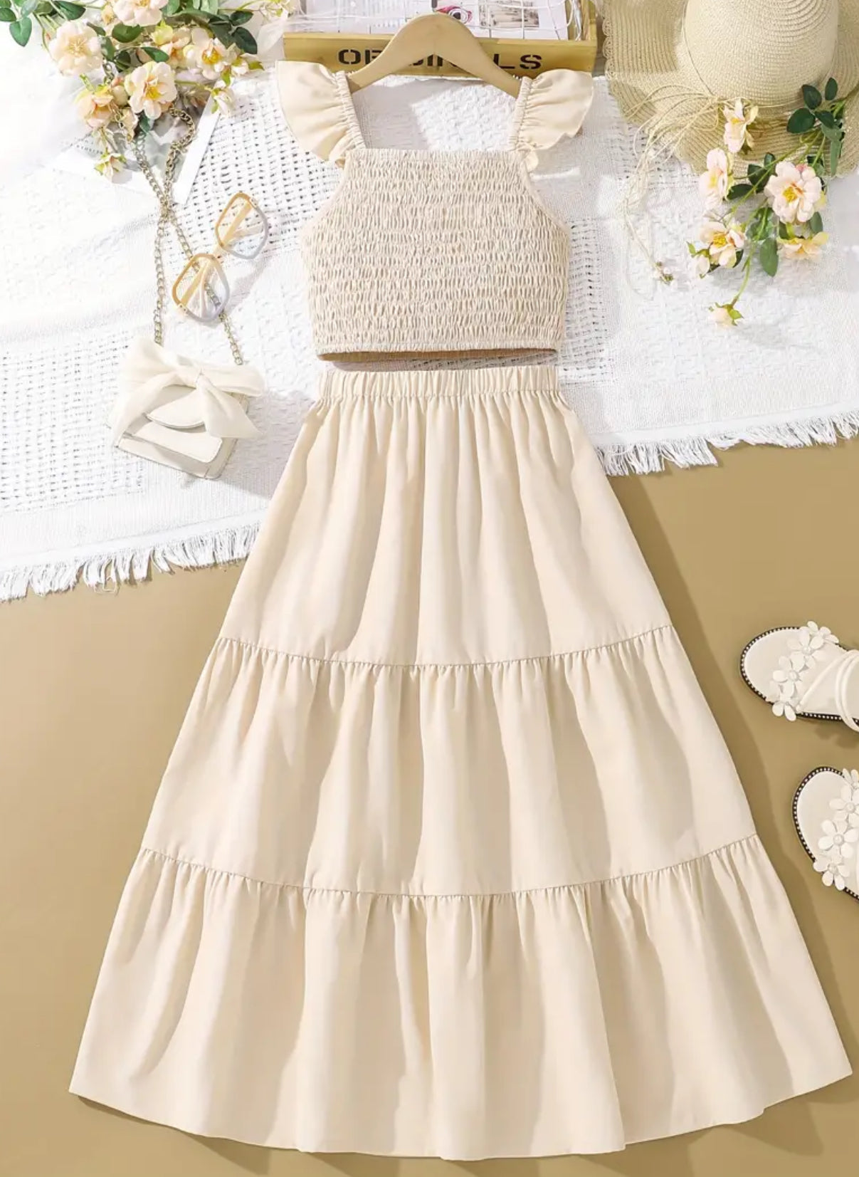 Rripa Flutter 2-copë Smocked Top + fund midi Set për vajza për pushime, veshje verore rastësore