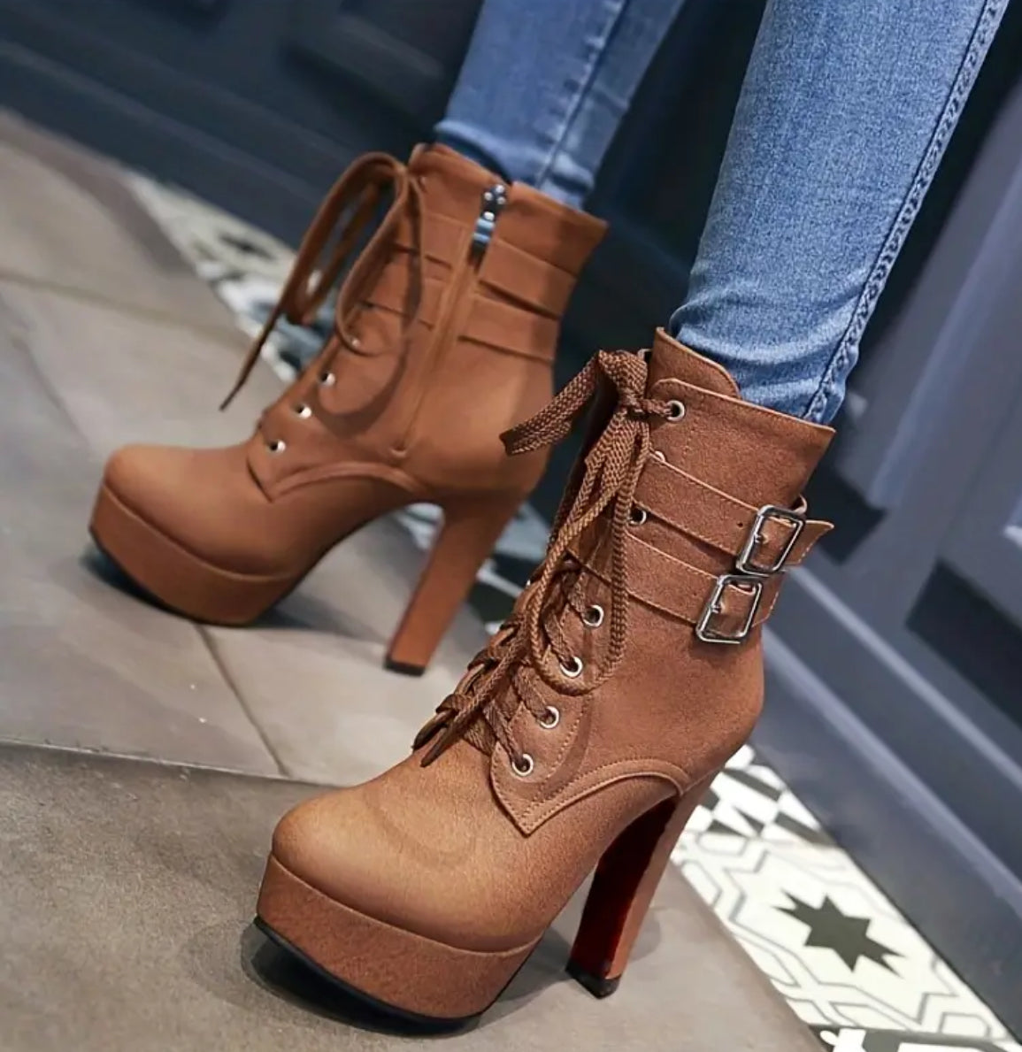 Stiletto Heel Boots with Stable Block Base - Secure Buckle Ankle Strap - Lace Up