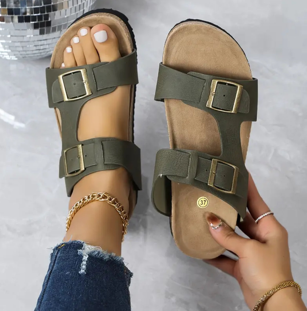 Aceitunas, Casual para mujer, Dos hebillas, Chanclas de piel, Suela de madera