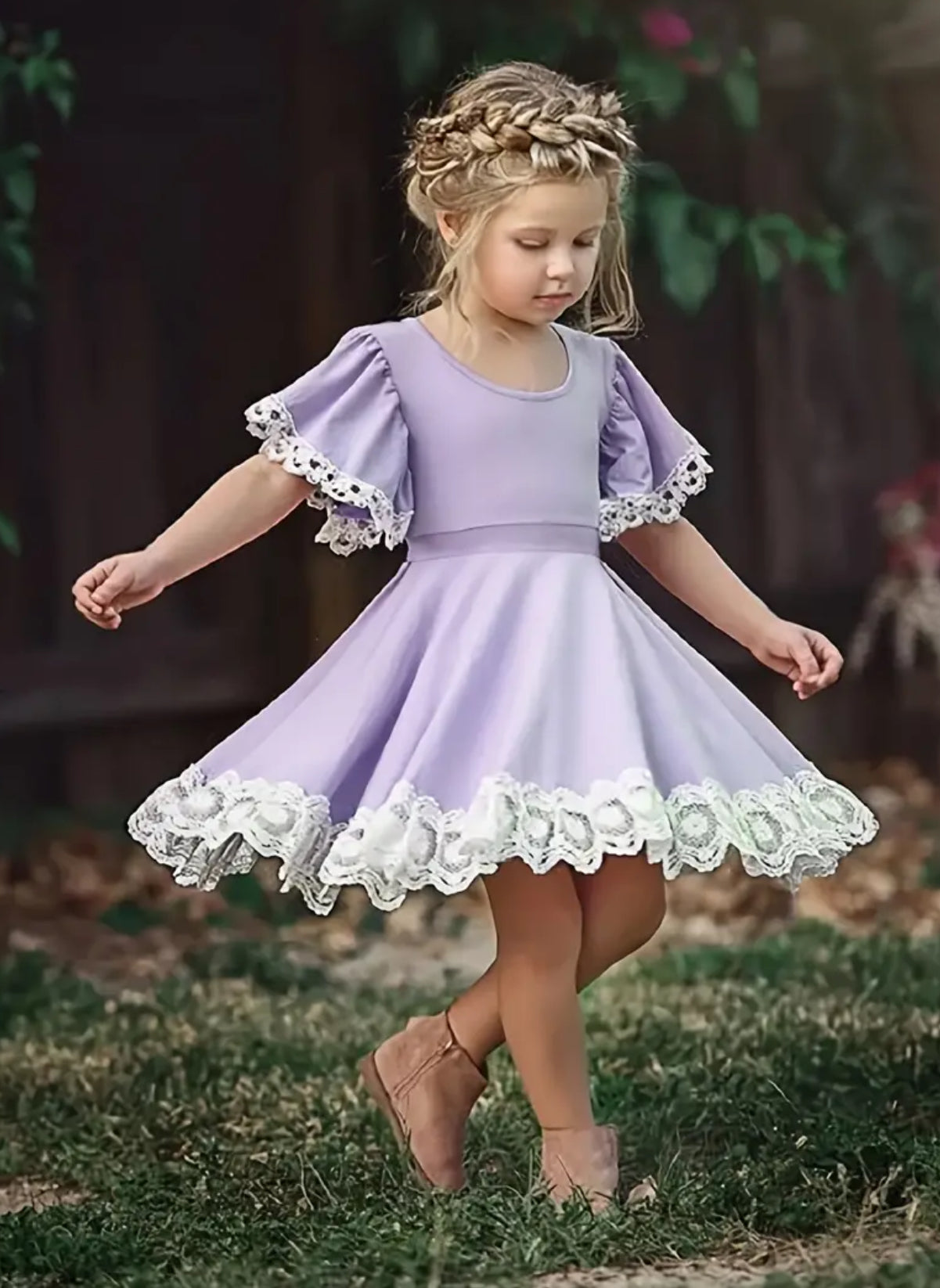 Girls Butterfly Sleeve Contrast Lace Trim Princess Dress