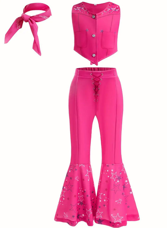 3pcs Cowgirl Girls Vest, Scarf, and Flared Pants Outfit