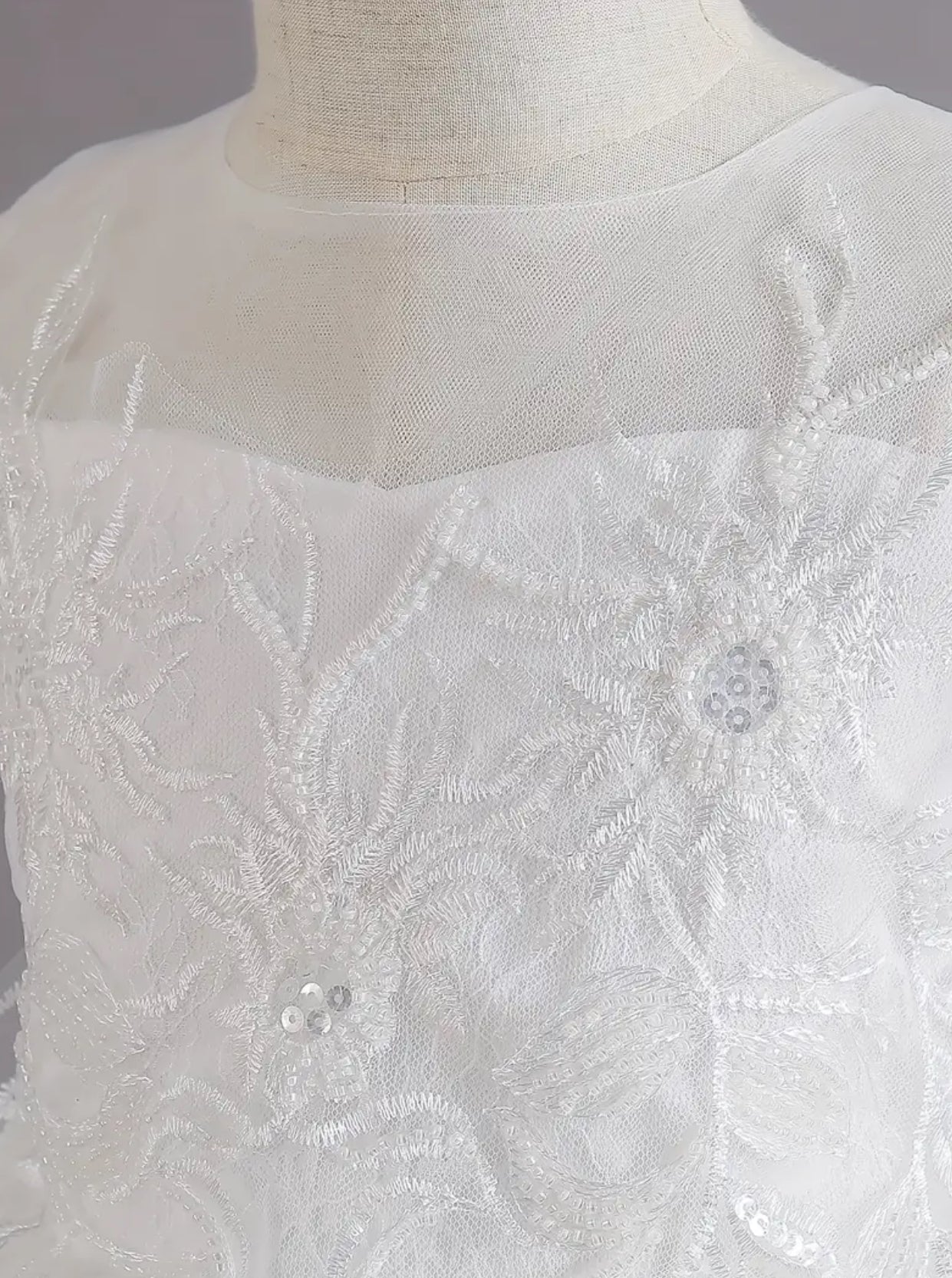 First Communion Princess Dress - Floral Lace Embroidered, Sleeveless