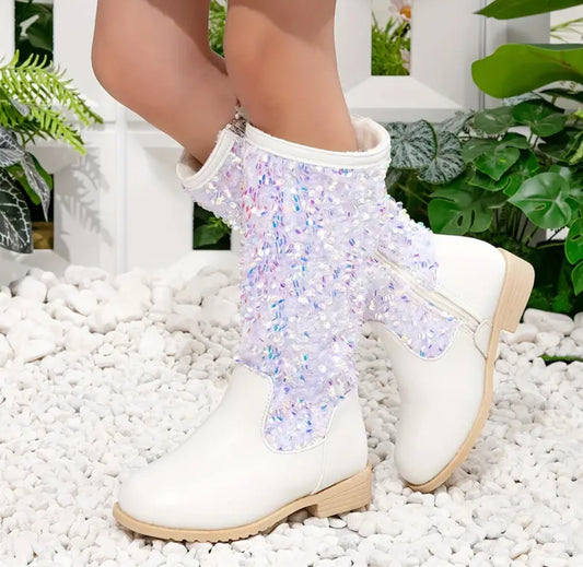 Sparkling Sequin Princess Boots - Cute, Fleece Lined, High Boots With Zip Closure