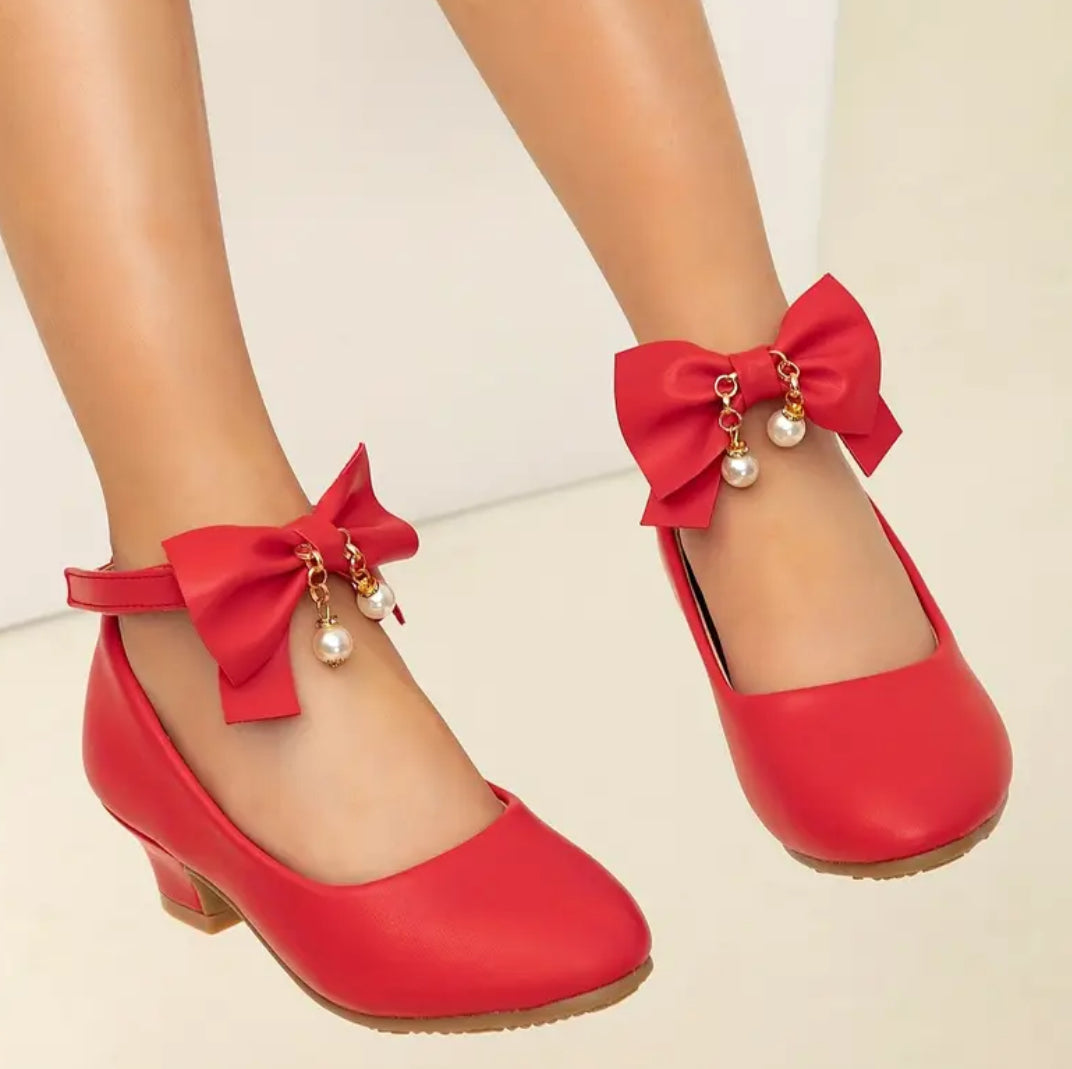 “Little Red Ridding-hood” Princess Shoes, Teens Bow Pearl Accent