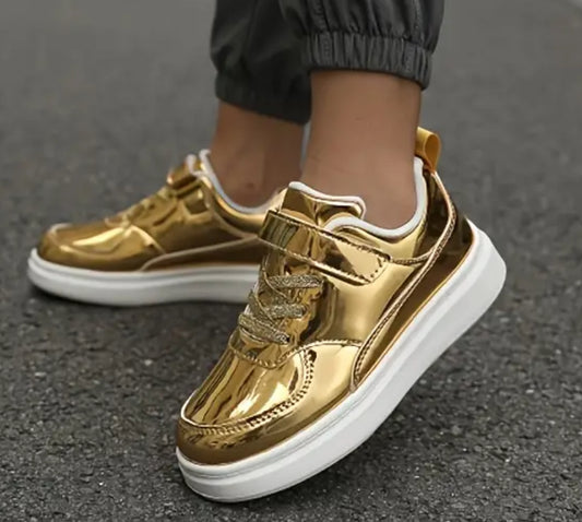 Boys Cool Metallic Golden Sneakers, Street Style Skateboard