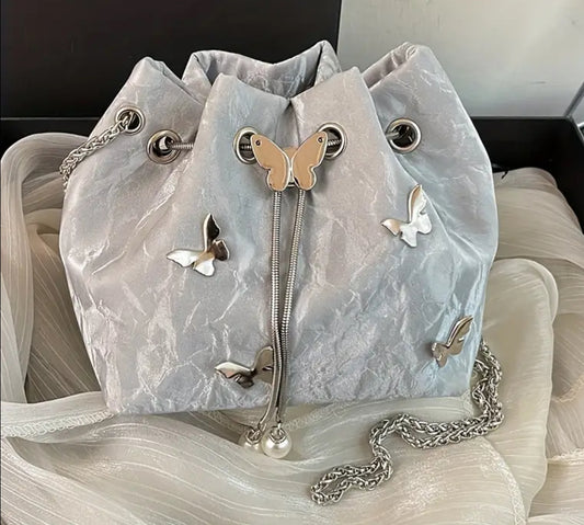 “Silver Butterflies” Drawstring Shoulder Bag