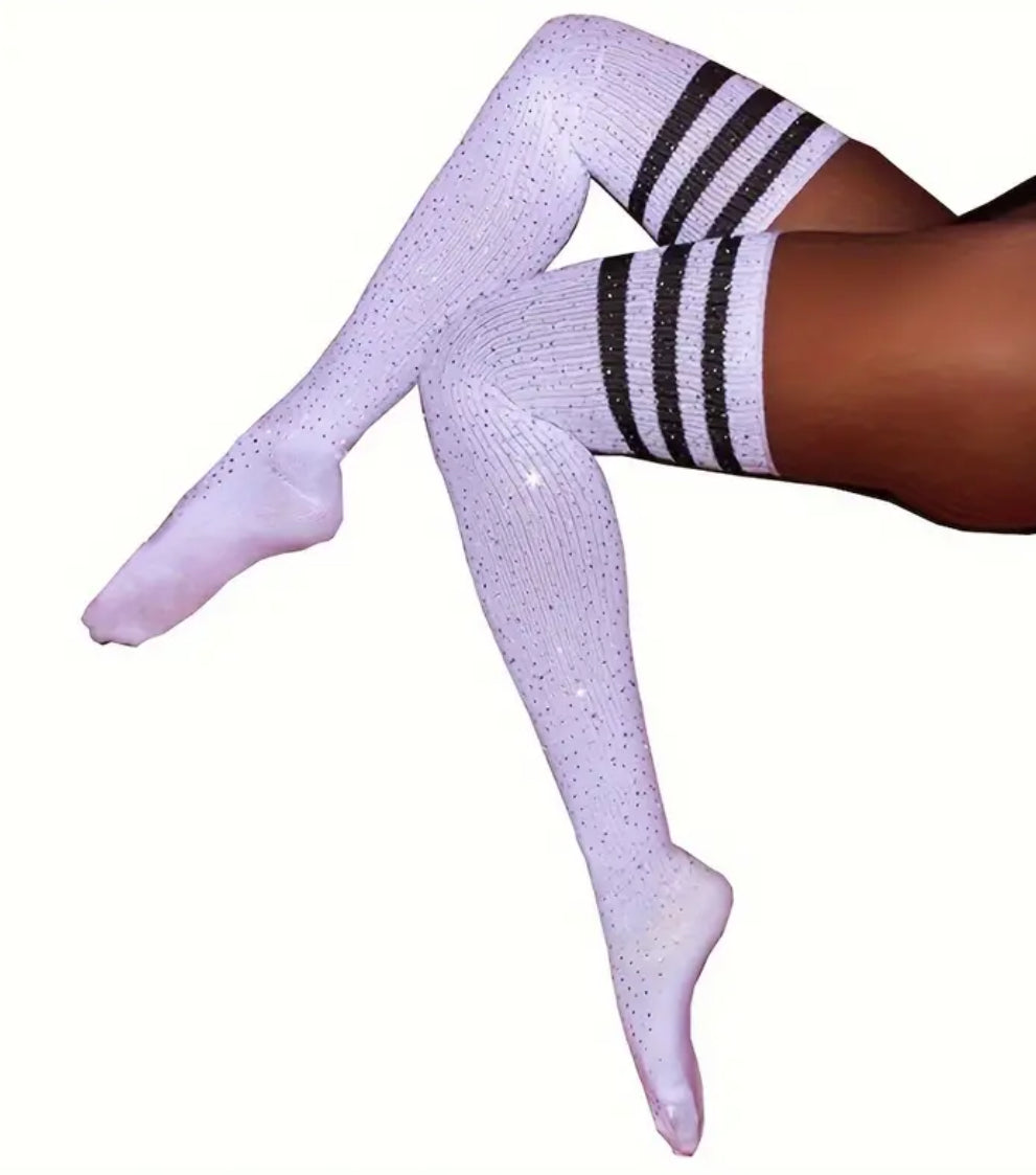 1 Pair Rhinestone Decor, Striped Knit Elastic Thigh High Socks