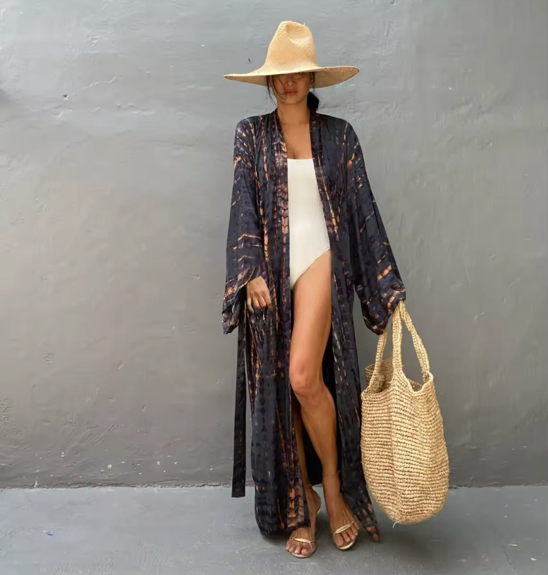 Color Wash Belted Pareo Bohemian Beach Kimono Dress